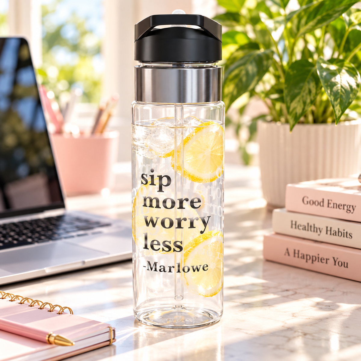 A clear water bottle with a black flip-top lid, stainless band and straw, printed with "sip more worry less" in black lettering above the sample name "Marlowe".