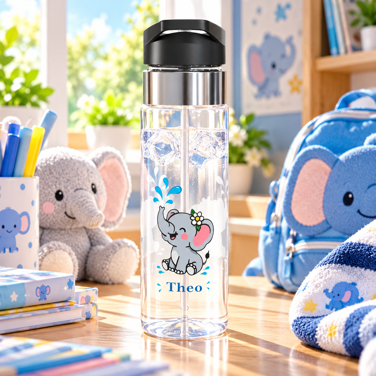 Personalized Elephant Water Bottle for Kids, Cute Animal Drink Bottle, Custom Name School Bottle, Safari Gift, Back to School, Baby Shower