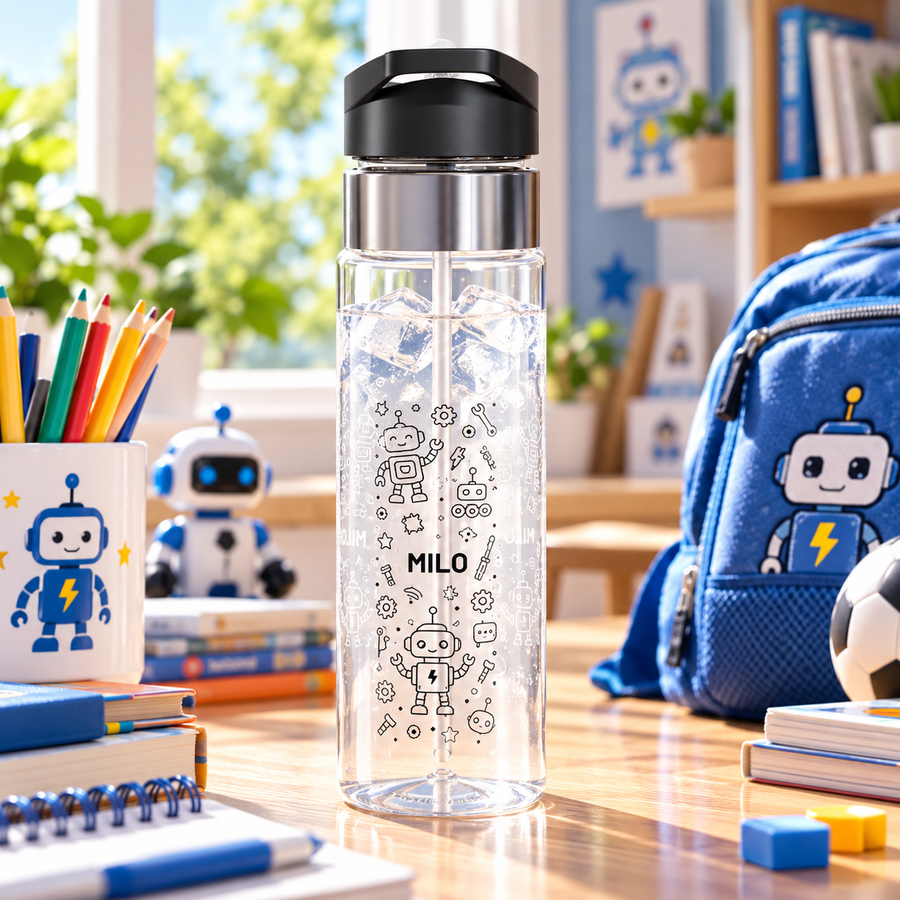Personalized Kids Robot Water Bottle, Cute Tech Bottle for Boys, School Sports Bottle, STEM Gift, Birthday Gift for Robot Lovers