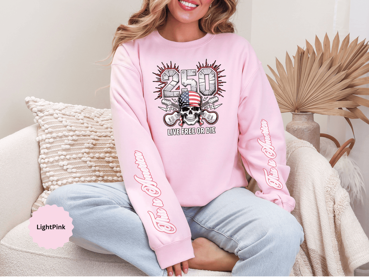 250 Live Free or Die Sweatshirt, Patriotic Skull Crewneck, American Flag Pullover, USA 250th Anniversary Gift, Fourth of July Top