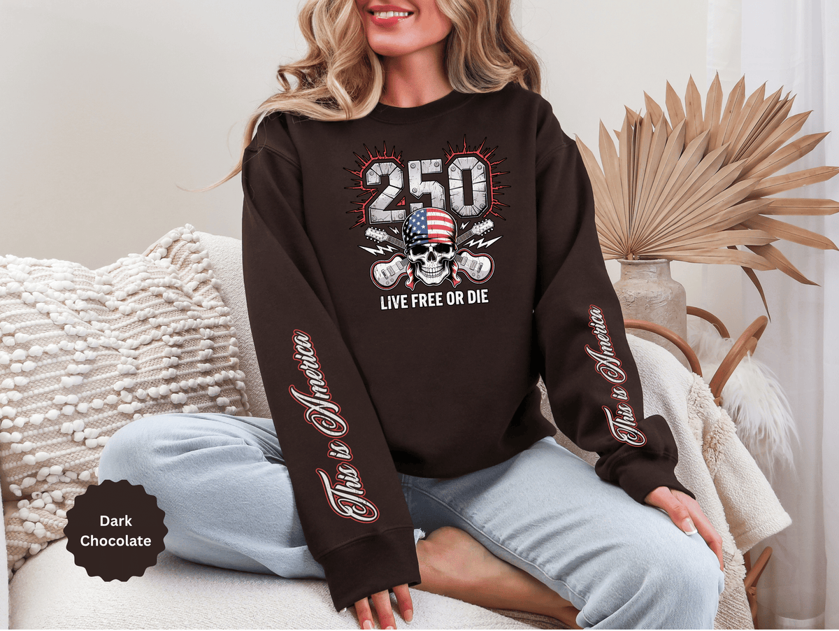 250 Live Free or Die Sweatshirt, Patriotic Skull Crewneck, American Flag Pullover, USA 250th Anniversary Gift, Fourth of July Top