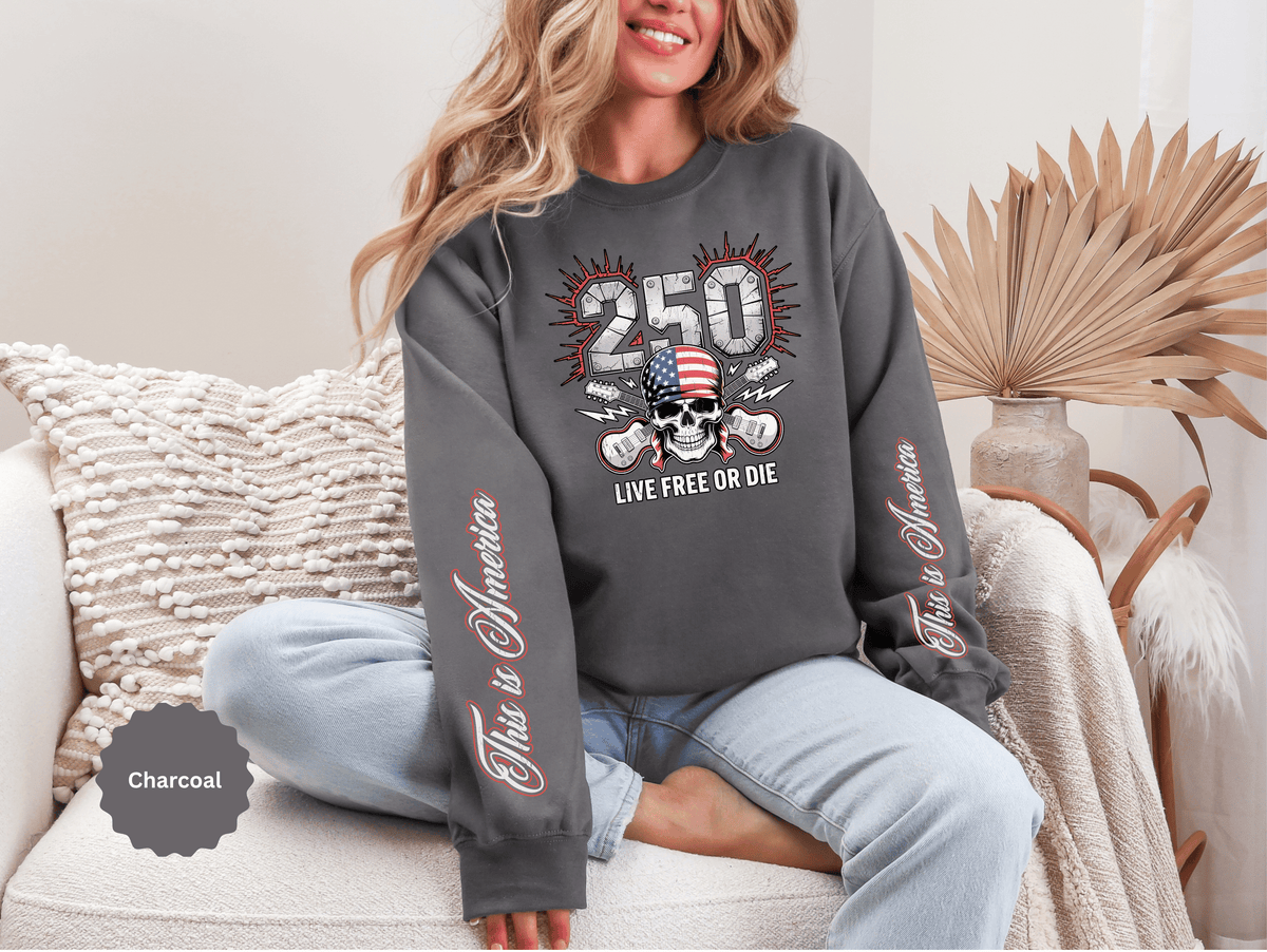 250 Live Free or Die Sweatshirt, Patriotic Skull Crewneck, American Flag Pullover, USA 250th Anniversary Gift, Fourth of July Top