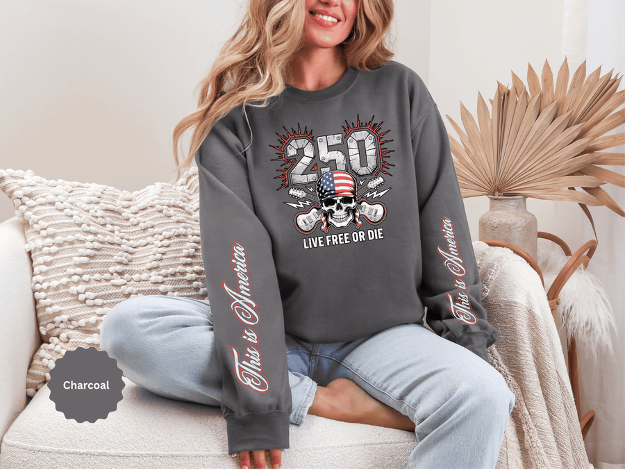 250 Live Free or Die Sweatshirt, Patriotic Skull Crewneck, American Flag Pullover, USA 250th Anniversary Gift, Fourth of July Top