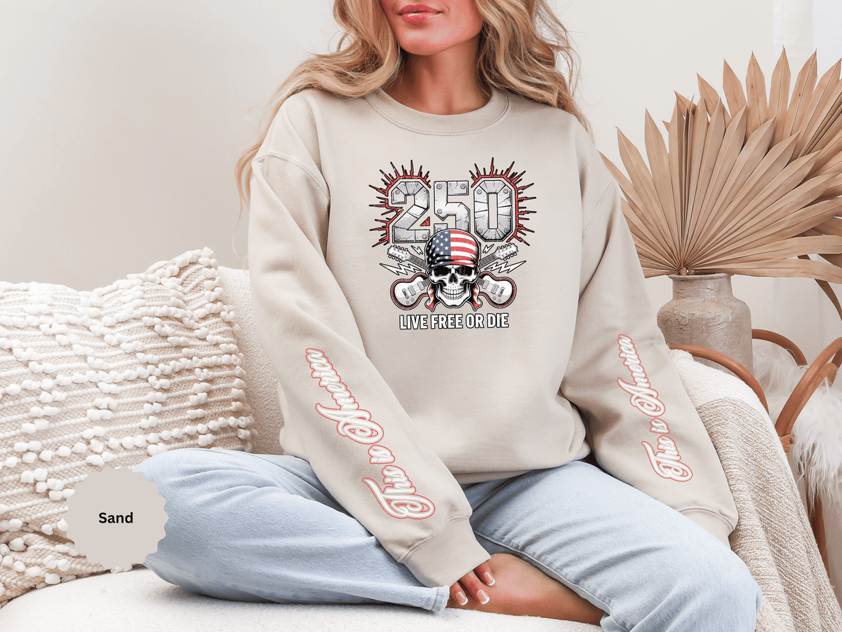 250 Live Free or Die Sweatshirt, Patriotic Skull Crewneck, American Flag Pullover, USA 250th Anniversary Gift, Fourth of July Top