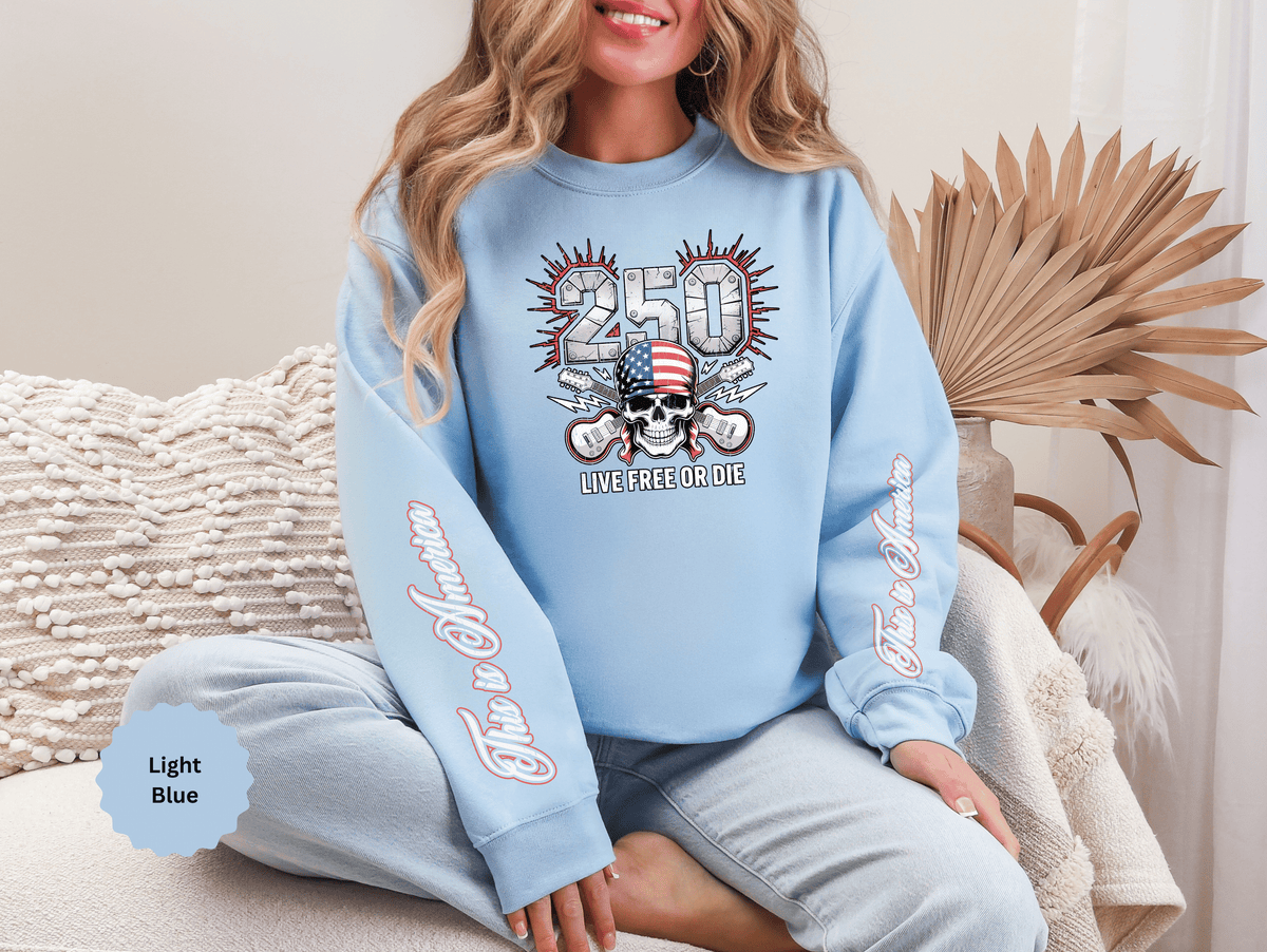 250 Live Free or Die Sweatshirt, Patriotic Skull Crewneck, American Flag Pullover, USA 250th Anniversary Gift, Fourth of July Top