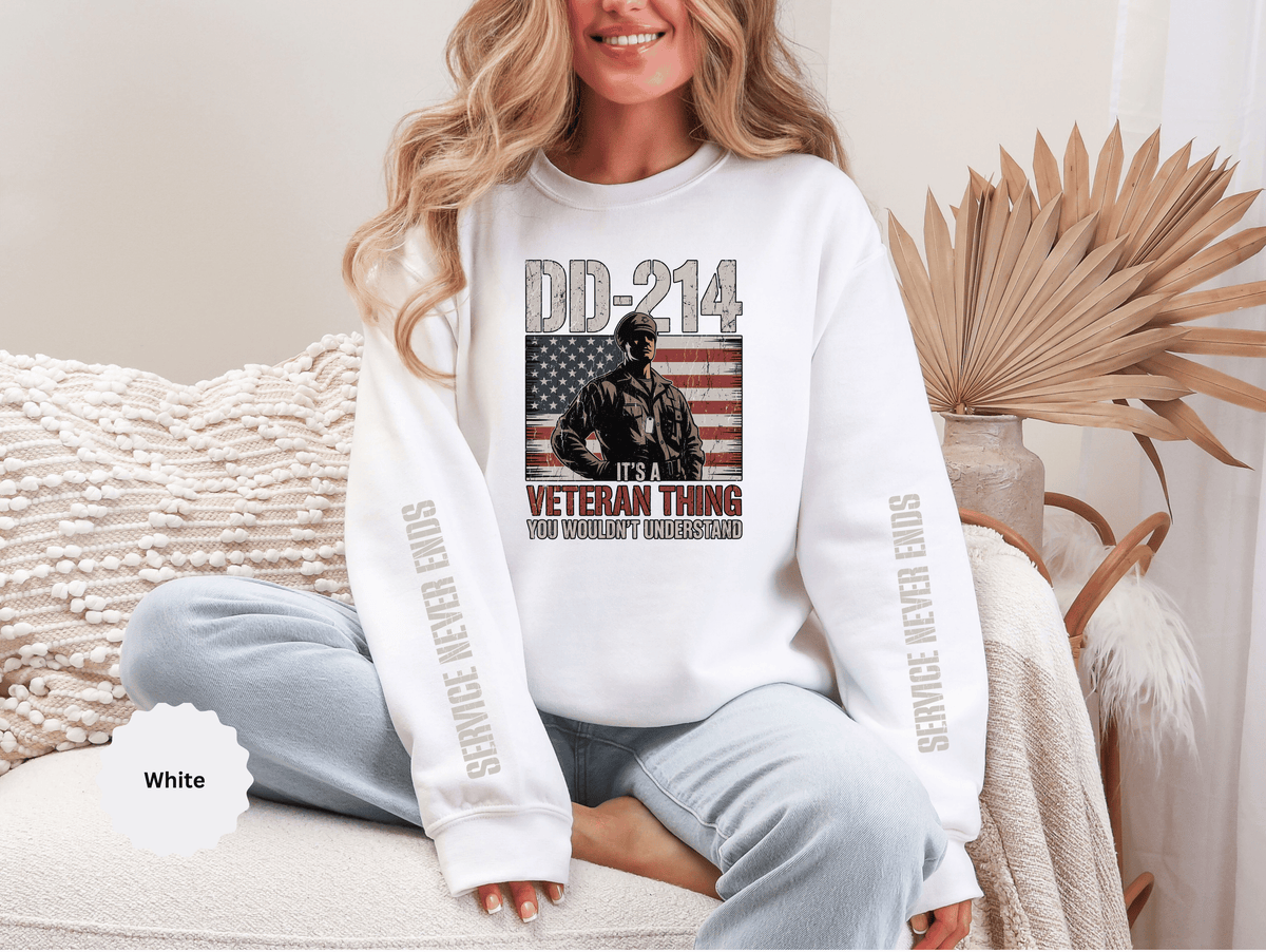 DD-214 Veteran Sweatshirt, Military Veteran Crewneck, American Flag Pullover, Veteran Gift for Him, Patriotic Fourth of July Top