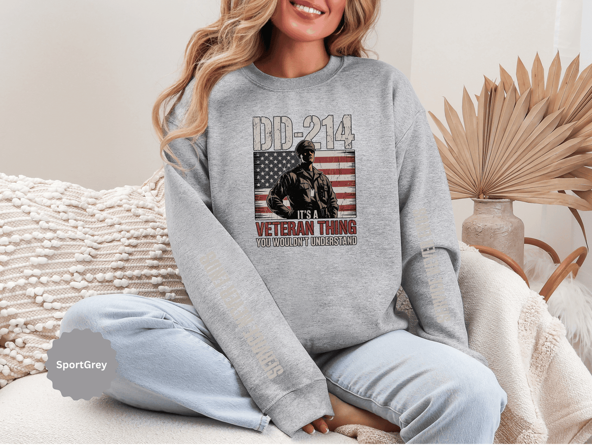DD-214 Veteran Sweatshirt, Military Veteran Crewneck, American Flag Pullover, Veteran Gift for Him, Patriotic Fourth of July Top