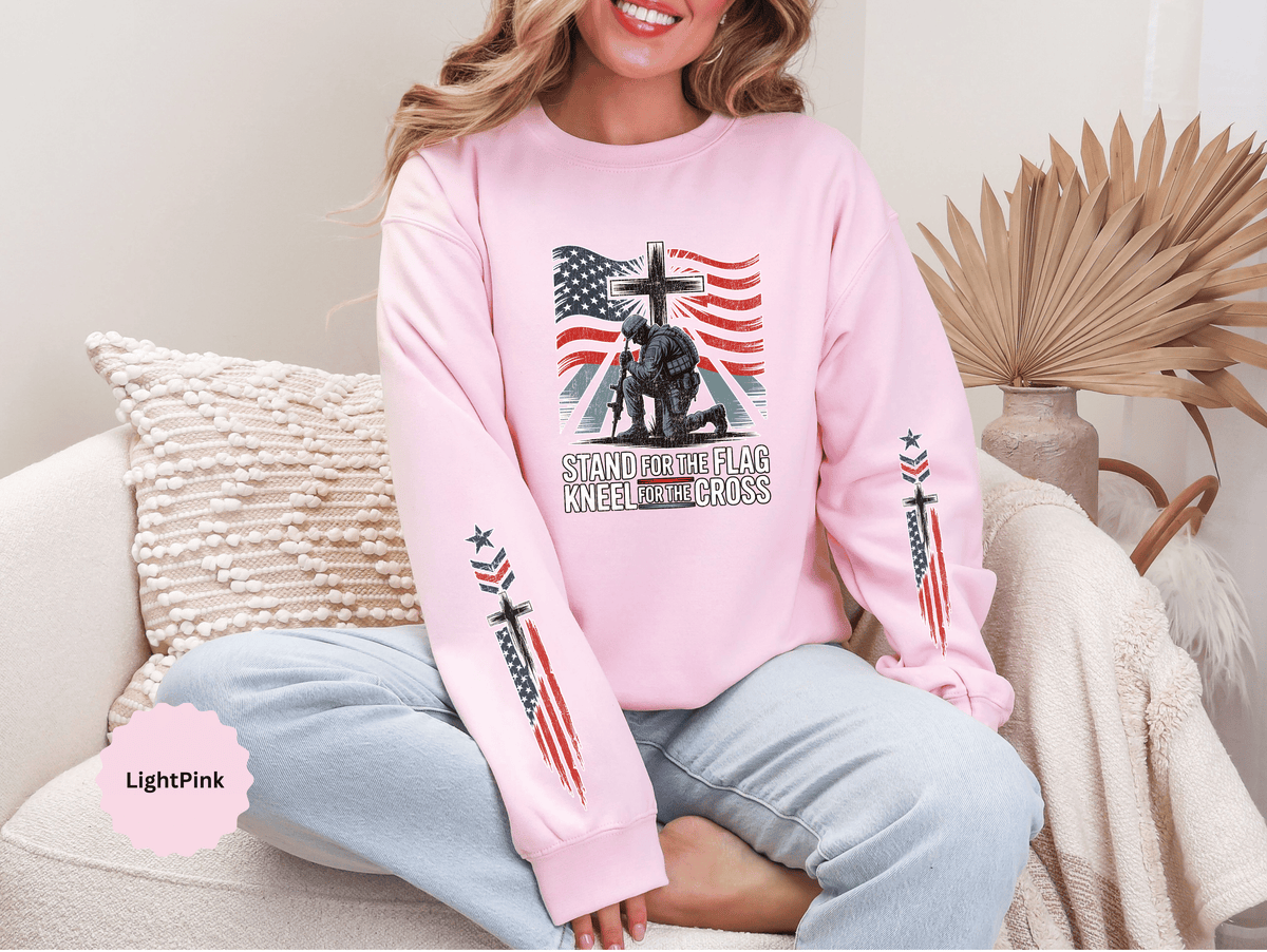 Stand for the Flag Kneel for the Cross Sweatshirt, Patriotic Christian Crewneck, American Flag Pullover, Faith Gift, Fourth of July Top