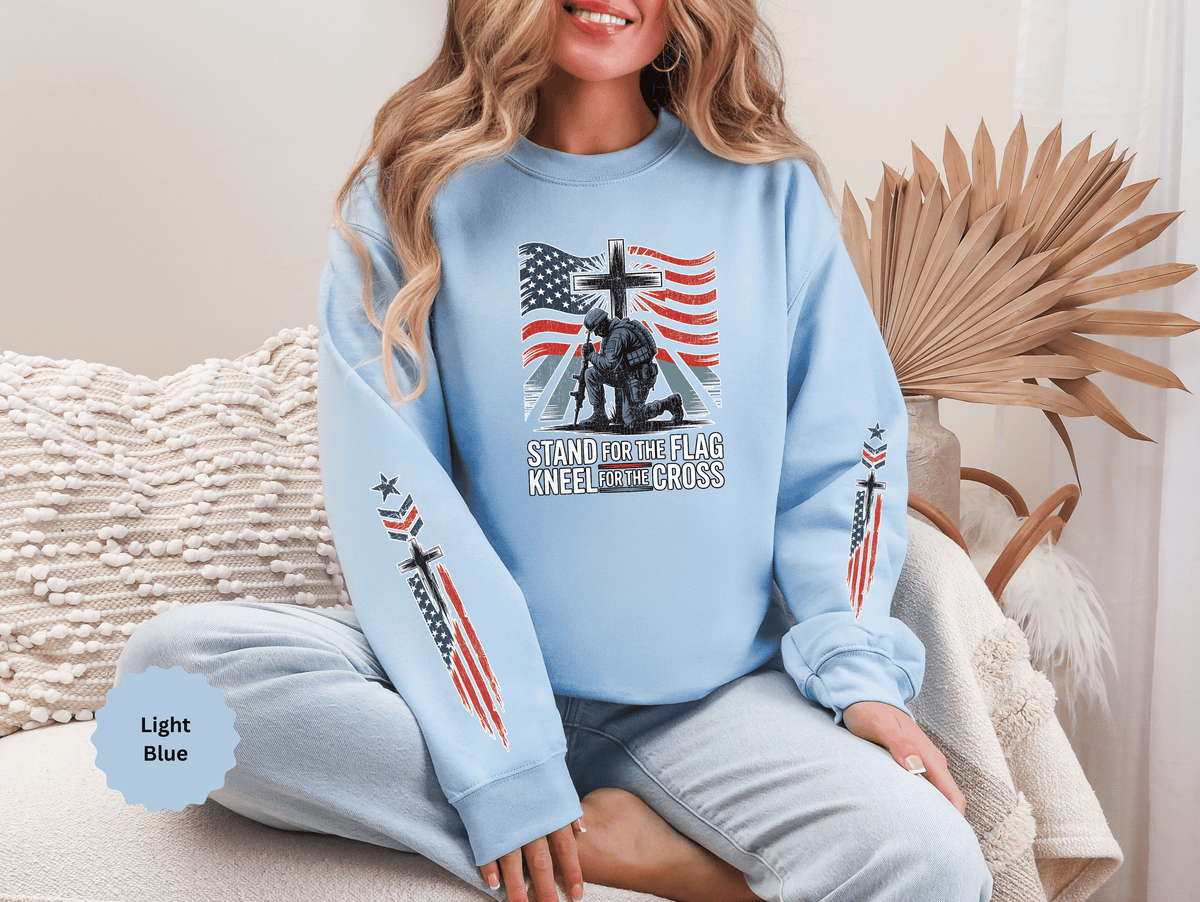 Stand for the Flag Kneel for the Cross Sweatshirt, Patriotic Christian Crewneck, American Flag Pullover, Faith Gift, Fourth of July Top