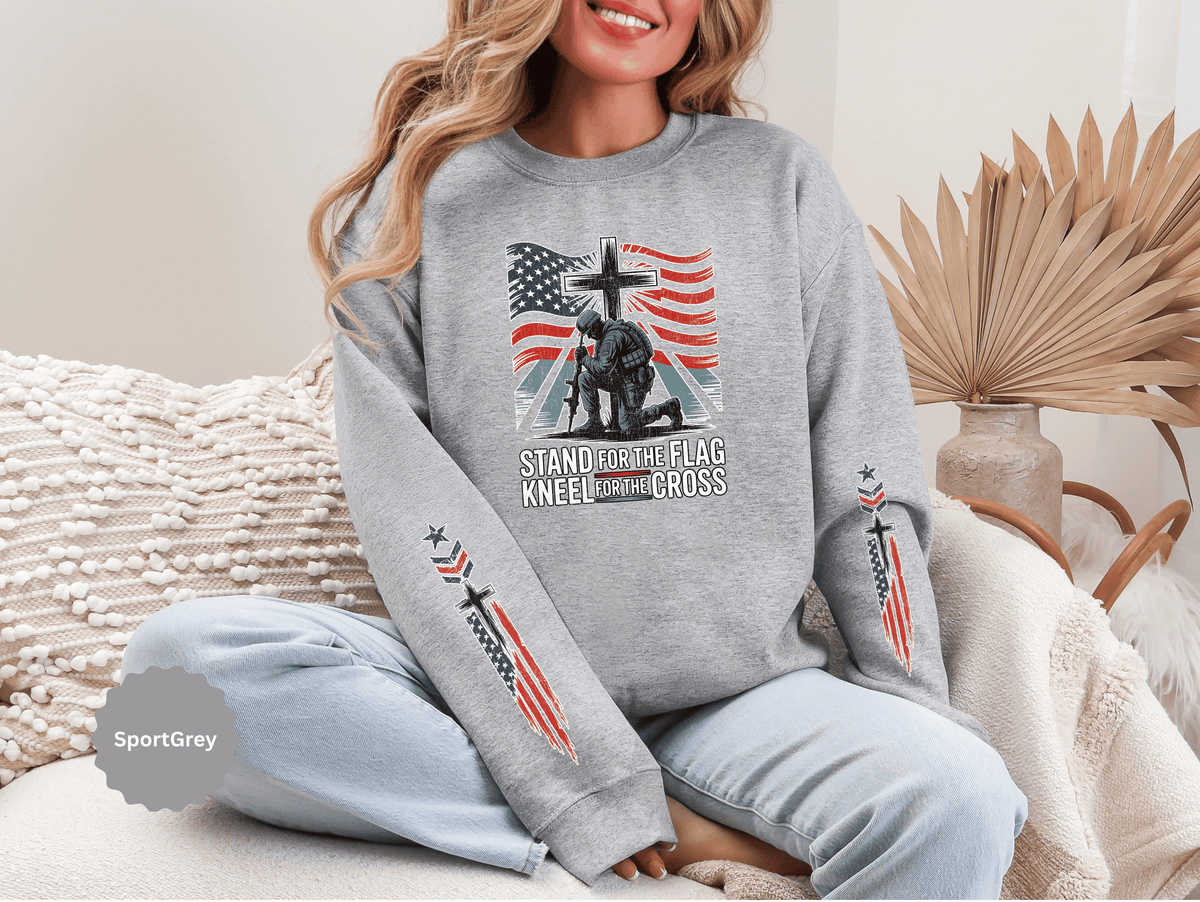 Stand for the Flag Kneel for the Cross Sweatshirt, Patriotic Christian Crewneck, American Flag Pullover, Faith Gift, Fourth of July Top