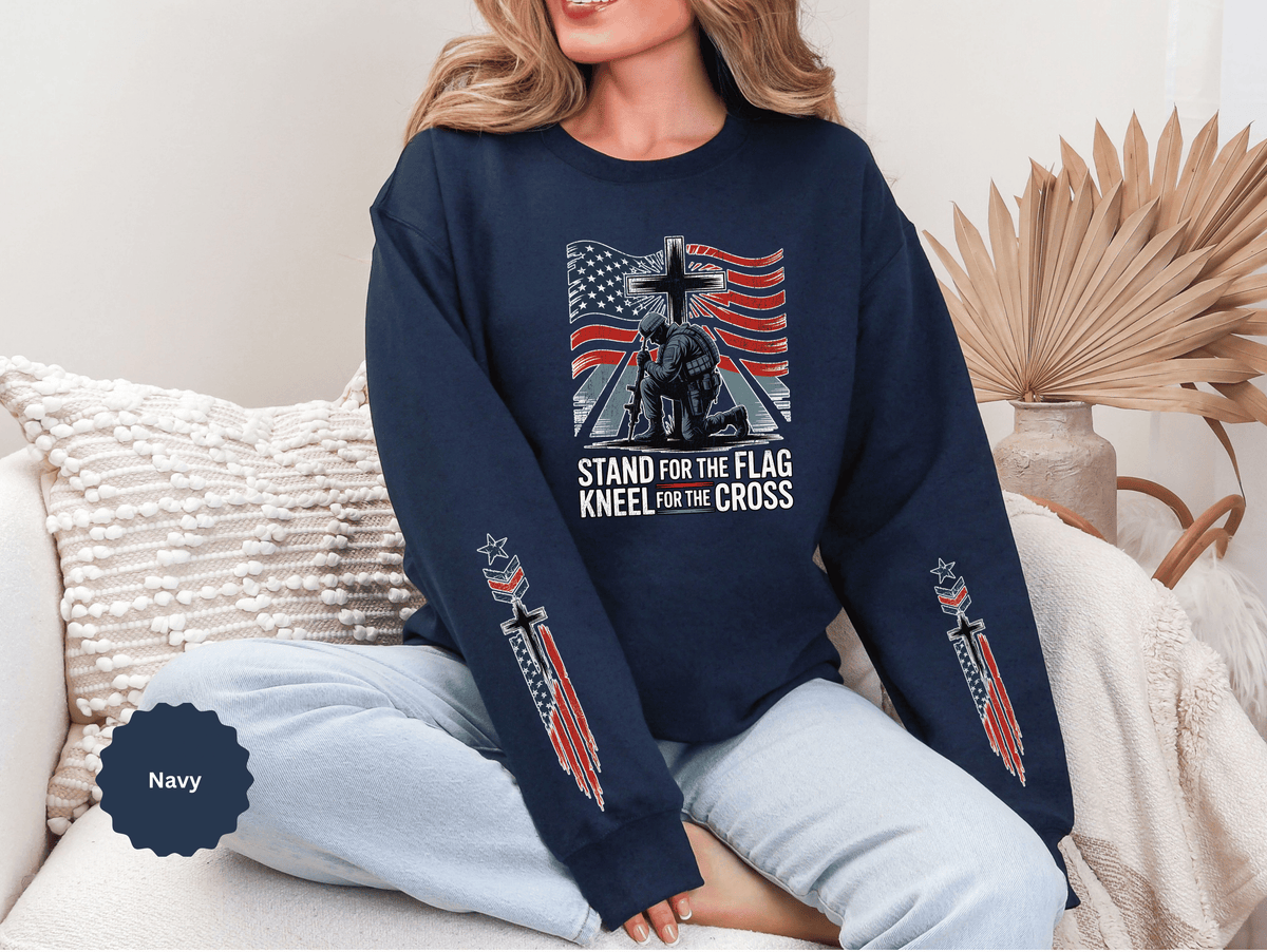Stand for the Flag Kneel for the Cross Sweatshirt, Patriotic Christian Crewneck, American Flag Pullover, Faith Gift, Fourth of July Top