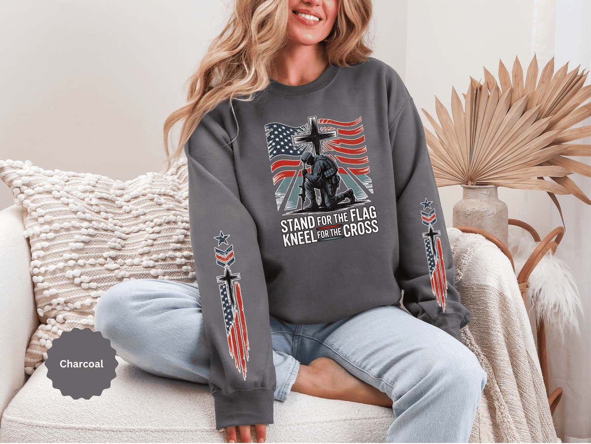 Stand for the Flag Kneel for the Cross Sweatshirt, Patriotic Christian Crewneck, American Flag Pullover, Faith Gift, Fourth of July Top