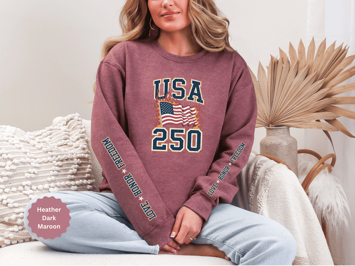 USA 250 Sweatshirt, American Flag Crewneck, Patriotic Pullover, USA 250th Anniversary Gift, Fourth of July Shirt, Americana Top