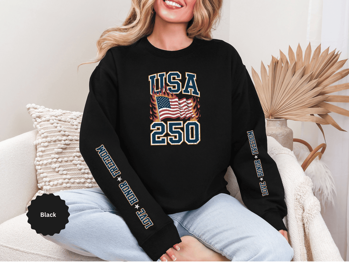 USA 250 Sweatshirt, American Flag Crewneck, Patriotic Pullover, USA 250th Anniversary Gift, Fourth of July Shirt, Americana Top