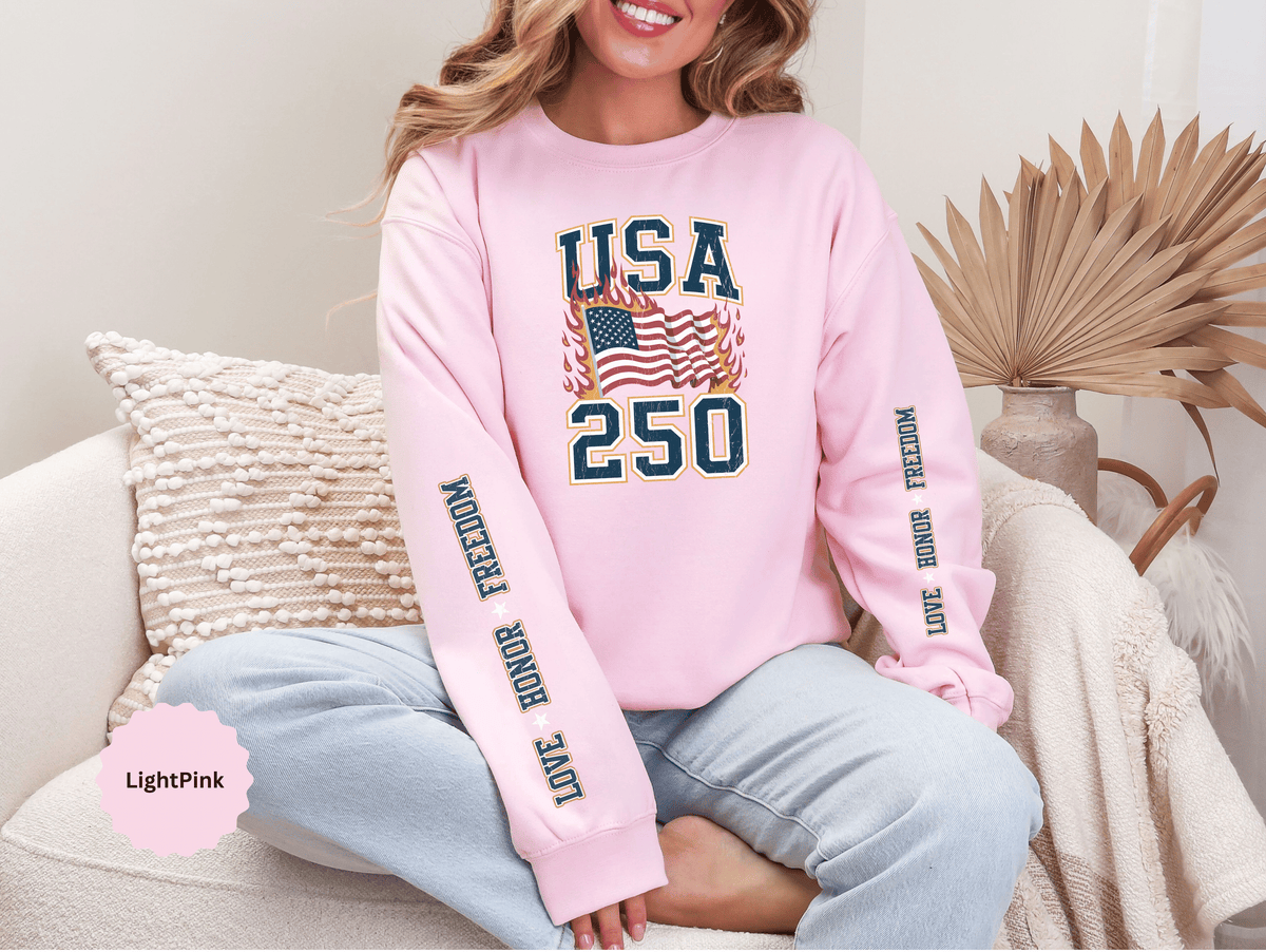 USA 250 Sweatshirt, American Flag Crewneck, Patriotic Pullover, USA 250th Anniversary Gift, Fourth of July Shirt, Americana Top