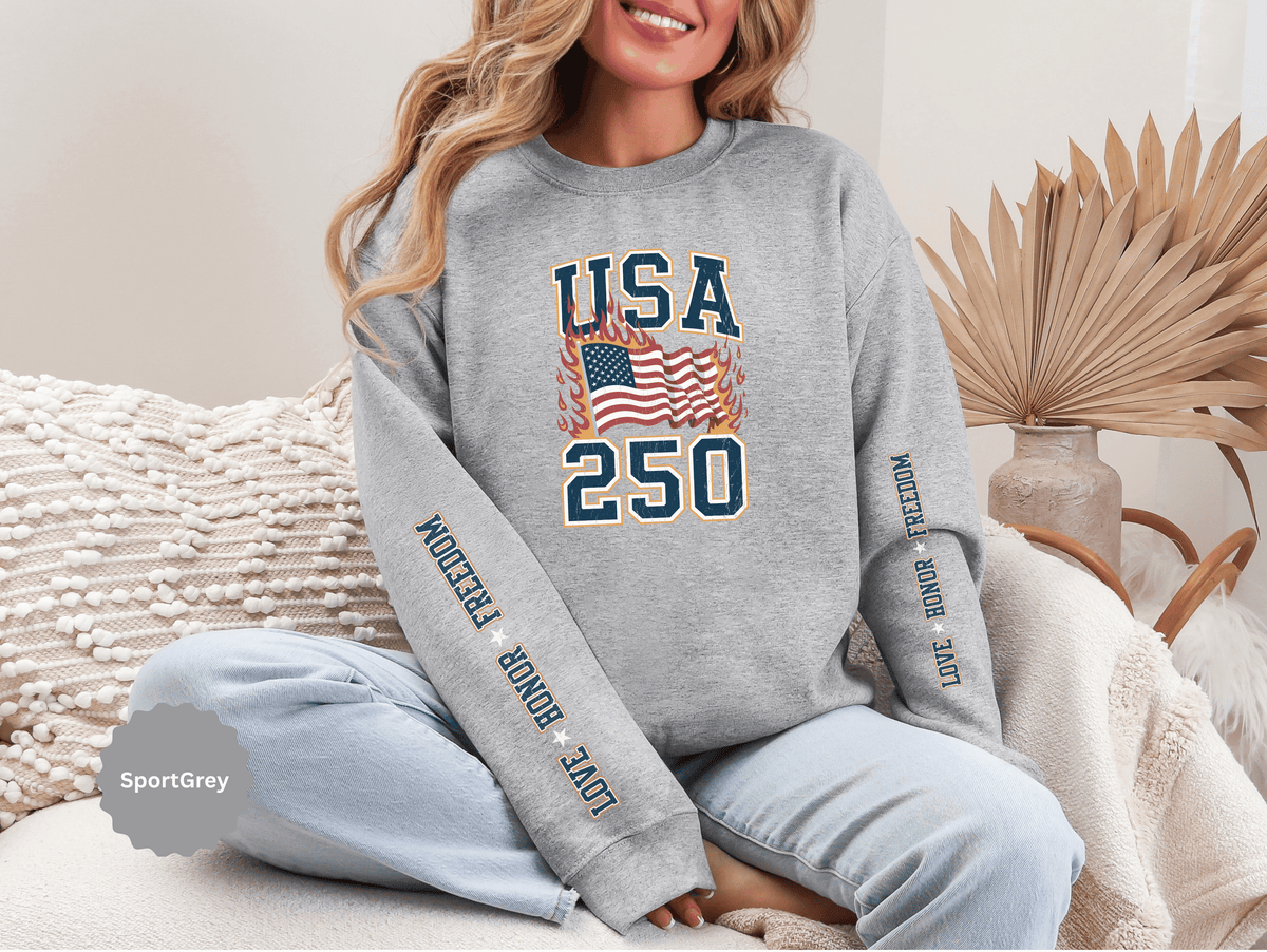 USA 250 Sweatshirt, American Flag Crewneck, Patriotic Pullover, USA 250th Anniversary Gift, Fourth of July Shirt, Americana Top