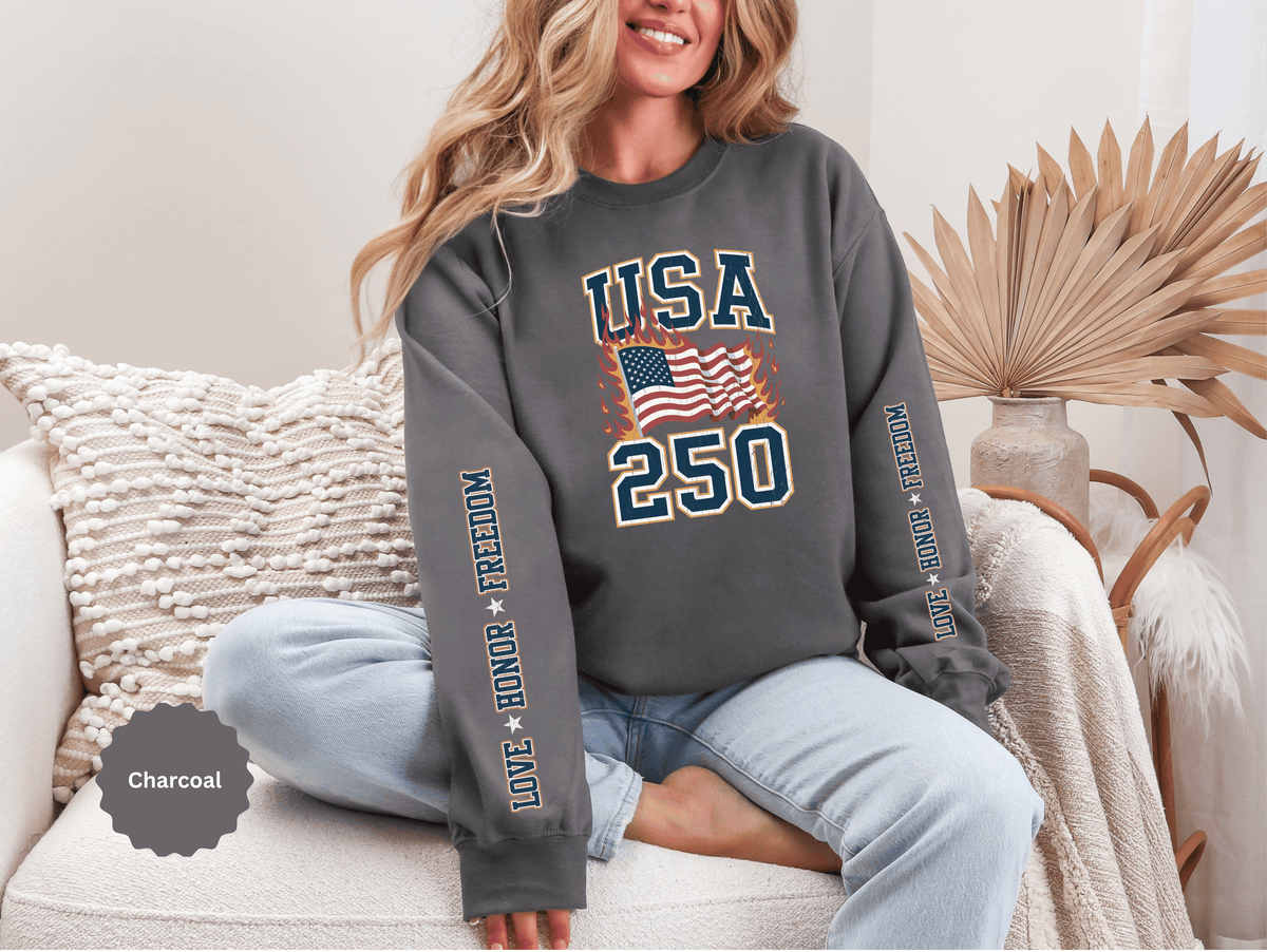 USA 250 Sweatshirt, American Flag Crewneck, Patriotic Pullover, USA 250th Anniversary Gift, Fourth of July Shirt, Americana Top