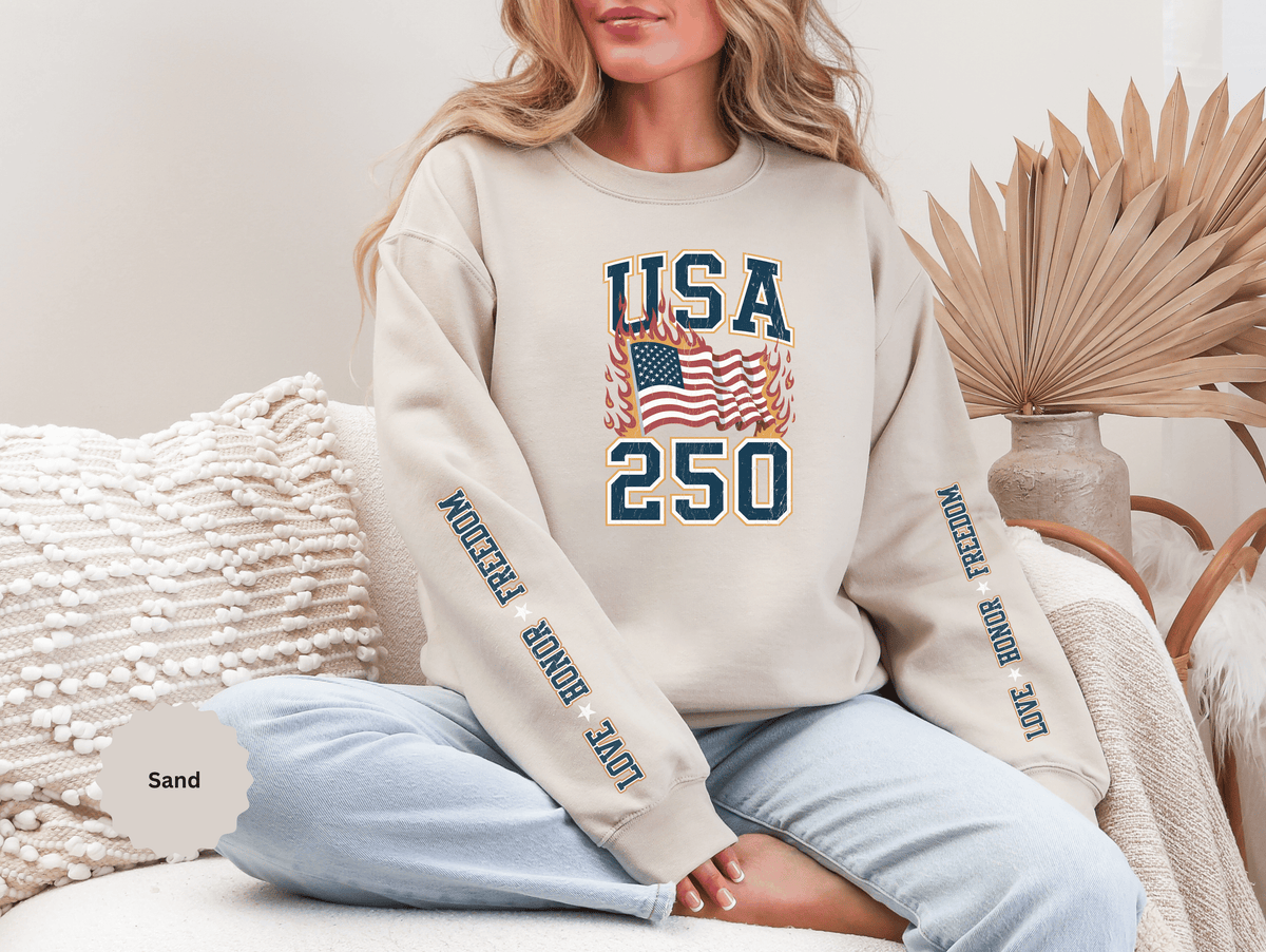 USA 250 Sweatshirt, American Flag Crewneck, Patriotic Pullover, USA 250th Anniversary Gift, Fourth of July Shirt, Americana Top