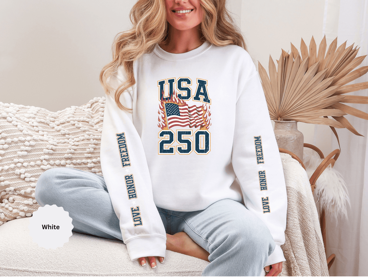 USA 250 Sweatshirt, American Flag Crewneck, Patriotic Pullover, USA 250th Anniversary Gift, Fourth of July Shirt, Americana Top