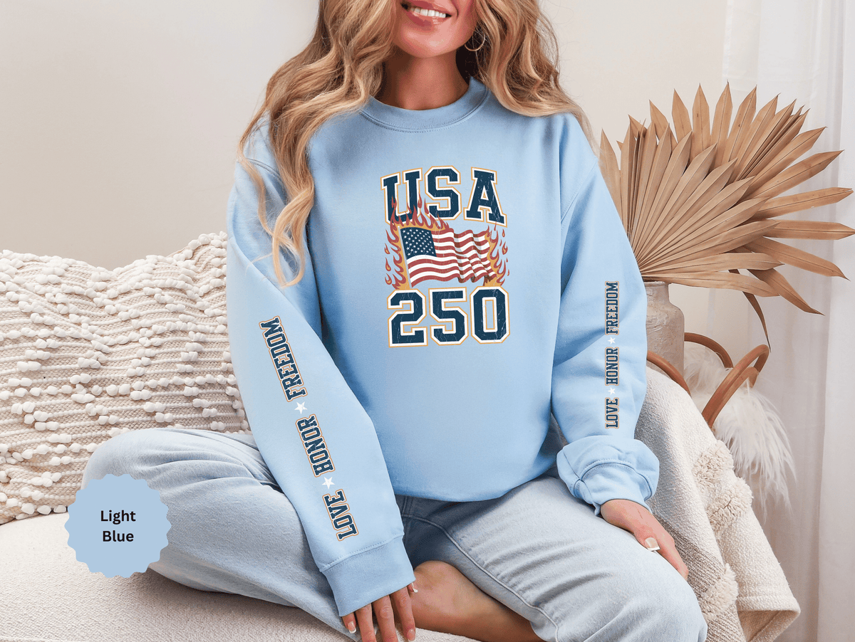 USA 250 Sweatshirt, American Flag Crewneck, Patriotic Pullover, USA 250th Anniversary Gift, Fourth of July Shirt, Americana Top