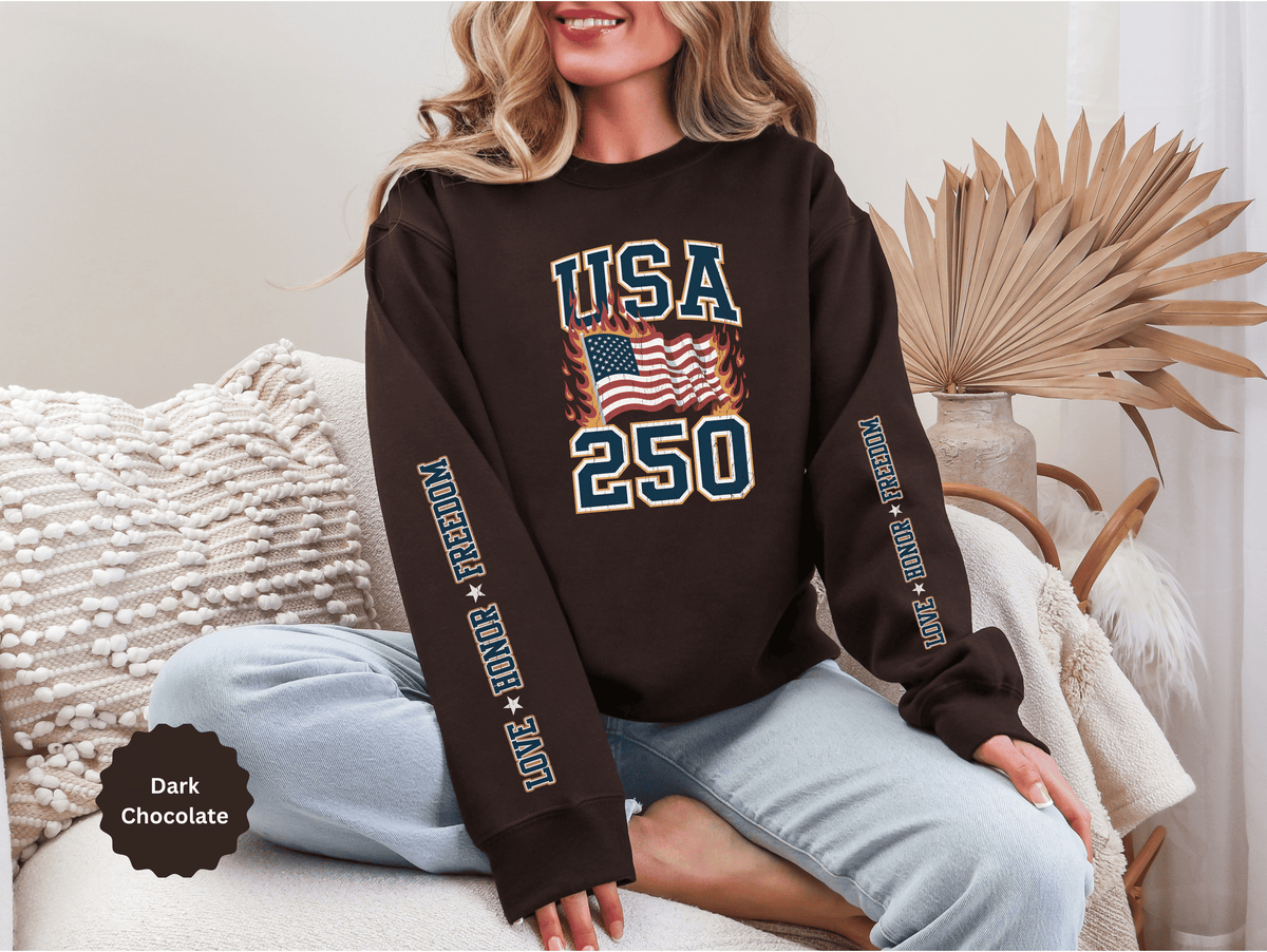 USA 250 Sweatshirt, American Flag Crewneck, Patriotic Pullover, USA 250th Anniversary Gift, Fourth of July Shirt, Americana Top