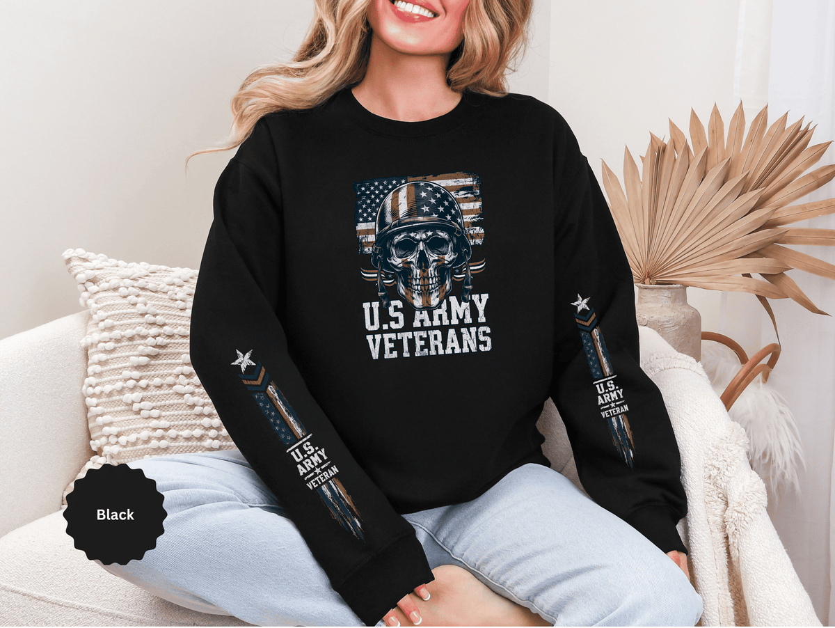 US Army Veterans Sweatshirt, Military Skull Crewneck, American Flag Veteran Pullover, Army Veteran Gift, Memorial Day or Veterans Day