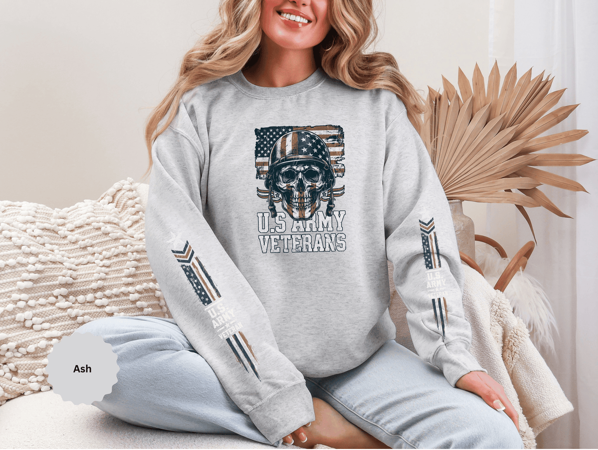 US Army Veterans Sweatshirt, Military Skull Crewneck, American Flag Veteran Pullover, Army Veteran Gift, Memorial Day or Veterans Day