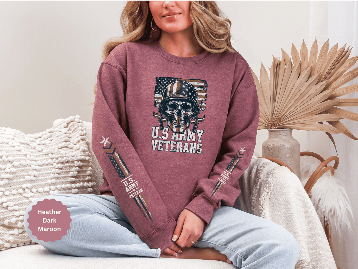 US Army Veterans Sweatshirt, Military Skull Crewneck, American Flag Veteran Pullover, Army Veteran Gift, Memorial Day or Veterans Day