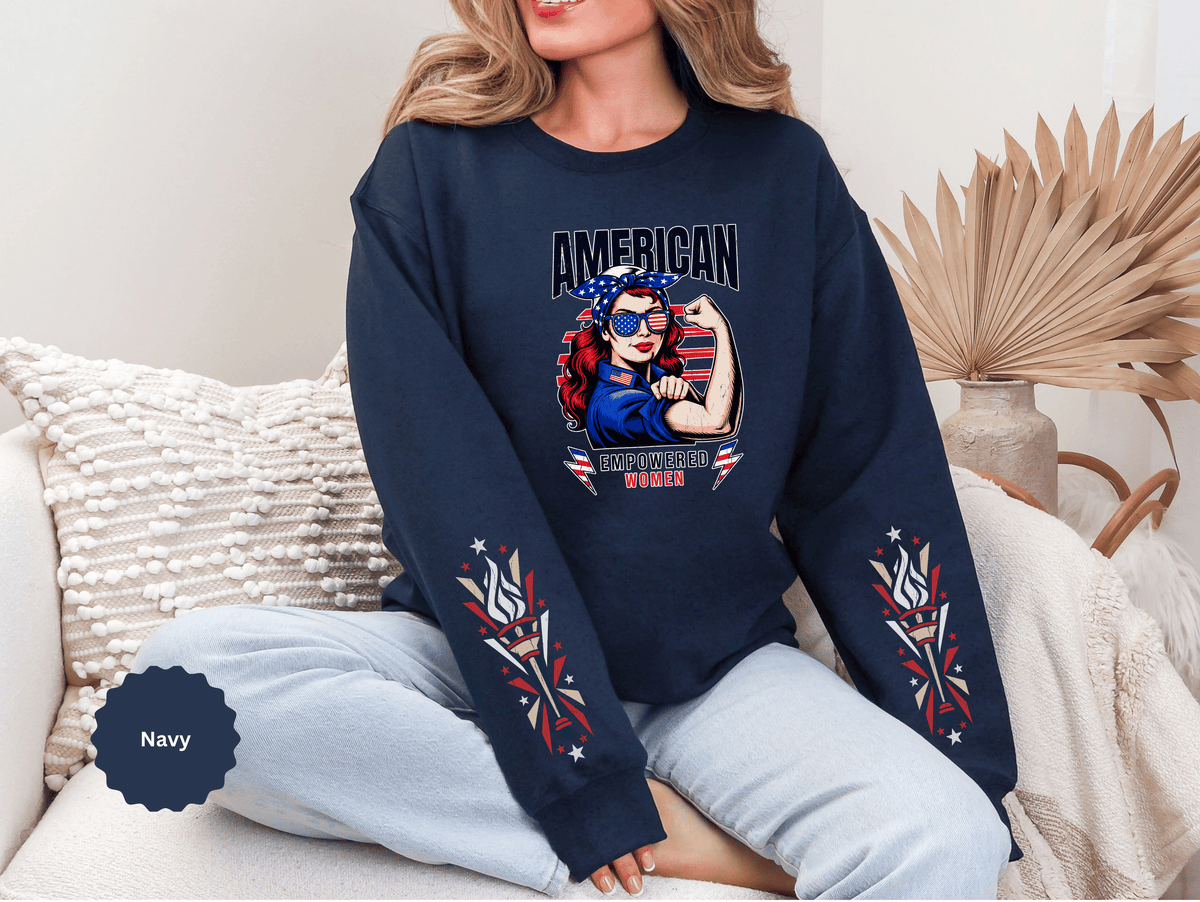 American Empowered Women Sweatshirt, Patriotic Rosie Style Crewneck, USA Flag Pullover, Fourth of July Outfit, Feminist Gift for Her