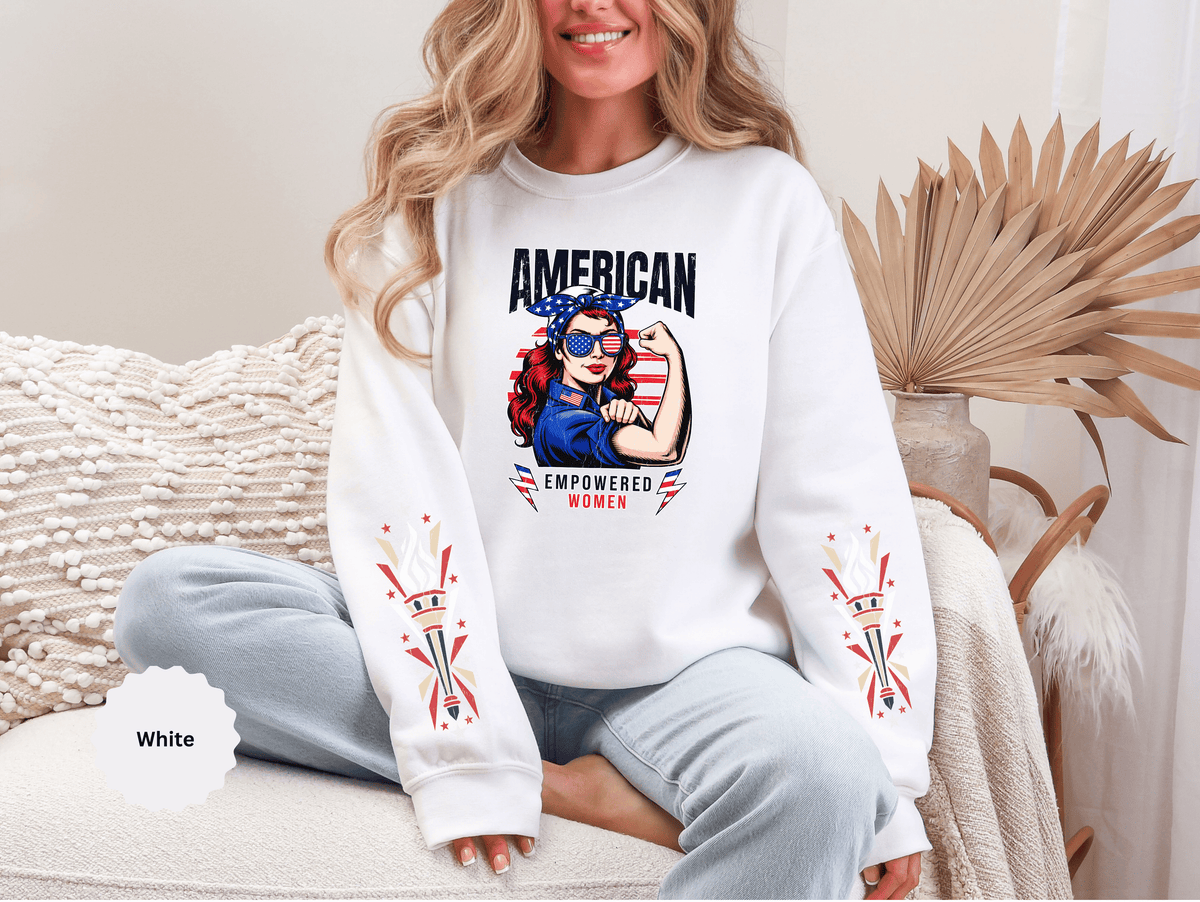American Empowered Women Sweatshirt, Patriotic Rosie Style Crewneck, USA Flag Pullover, Fourth of July Outfit, Feminist Gift for Her