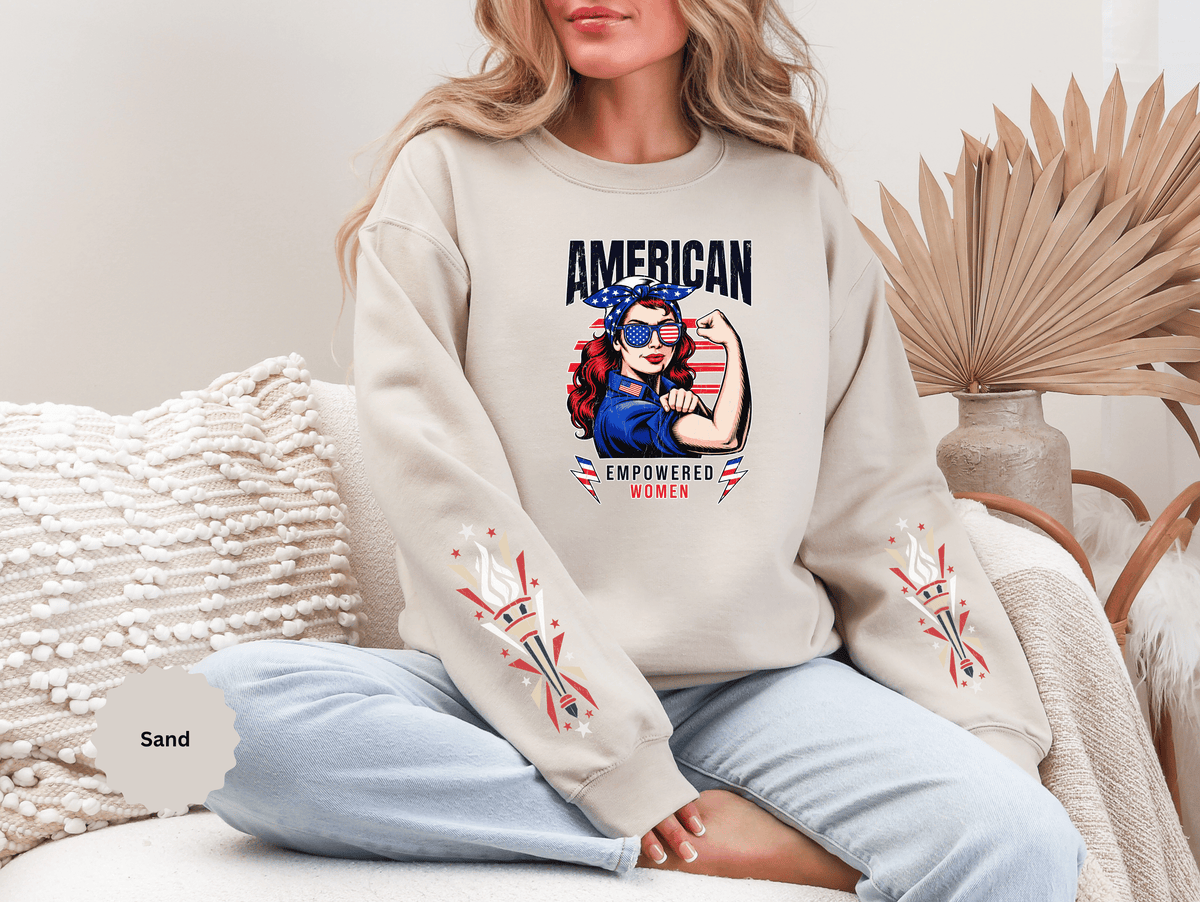 American Empowered Women Sweatshirt, Patriotic Rosie Style Crewneck, USA Flag Pullover, Fourth of July Outfit, Feminist Gift for Her
