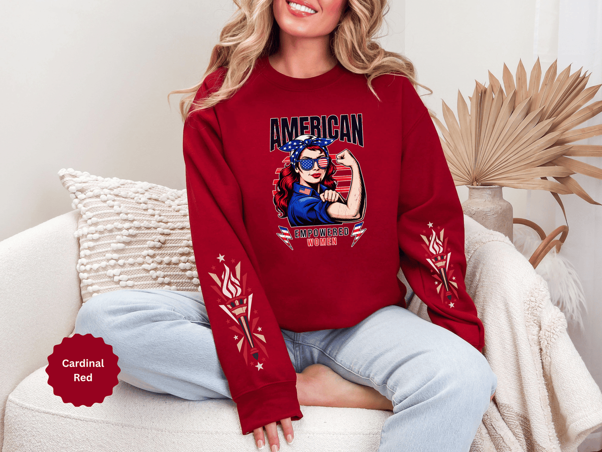 American Empowered Women Sweatshirt, Patriotic Rosie Style Crewneck, USA Flag Pullover, Fourth of July Outfit, Feminist Gift for Her
