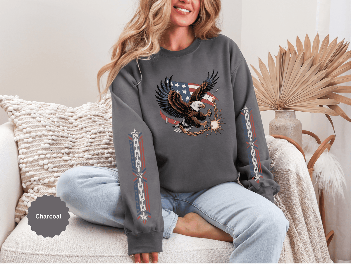 Patriotic Eagle Freedom Sweatshirt, American Flag Crewneck, Broken Chain Military Style Pullover, Fourth of July Gift for Him or Her