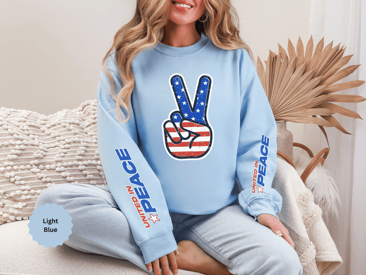 United in Peace Sweatshirt, Patriotic Peace Sign Crewneck, American Flag Pullover, USA 250th Anniversary Outfit, Fourth of July Gift