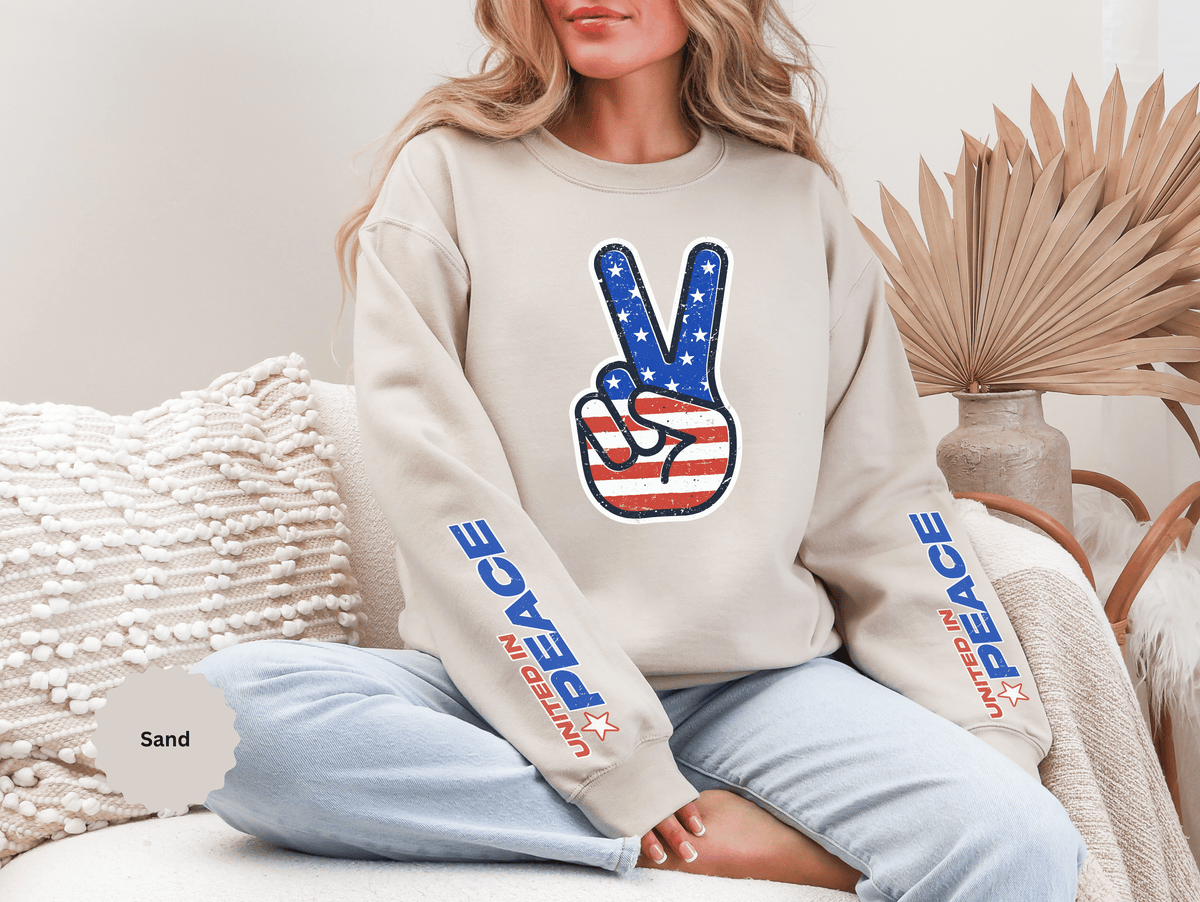 United in Peace Sweatshirt, Patriotic Peace Sign Crewneck, American Flag Pullover, USA 250th Anniversary Outfit, Fourth of July Gift