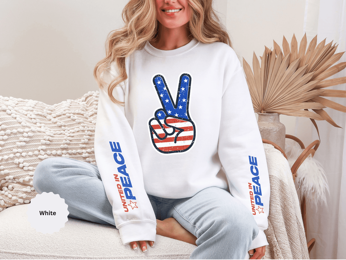 United in Peace Sweatshirt, Patriotic Peace Sign Crewneck, American Flag Pullover, USA 250th Anniversary Outfit, Fourth of July Gift