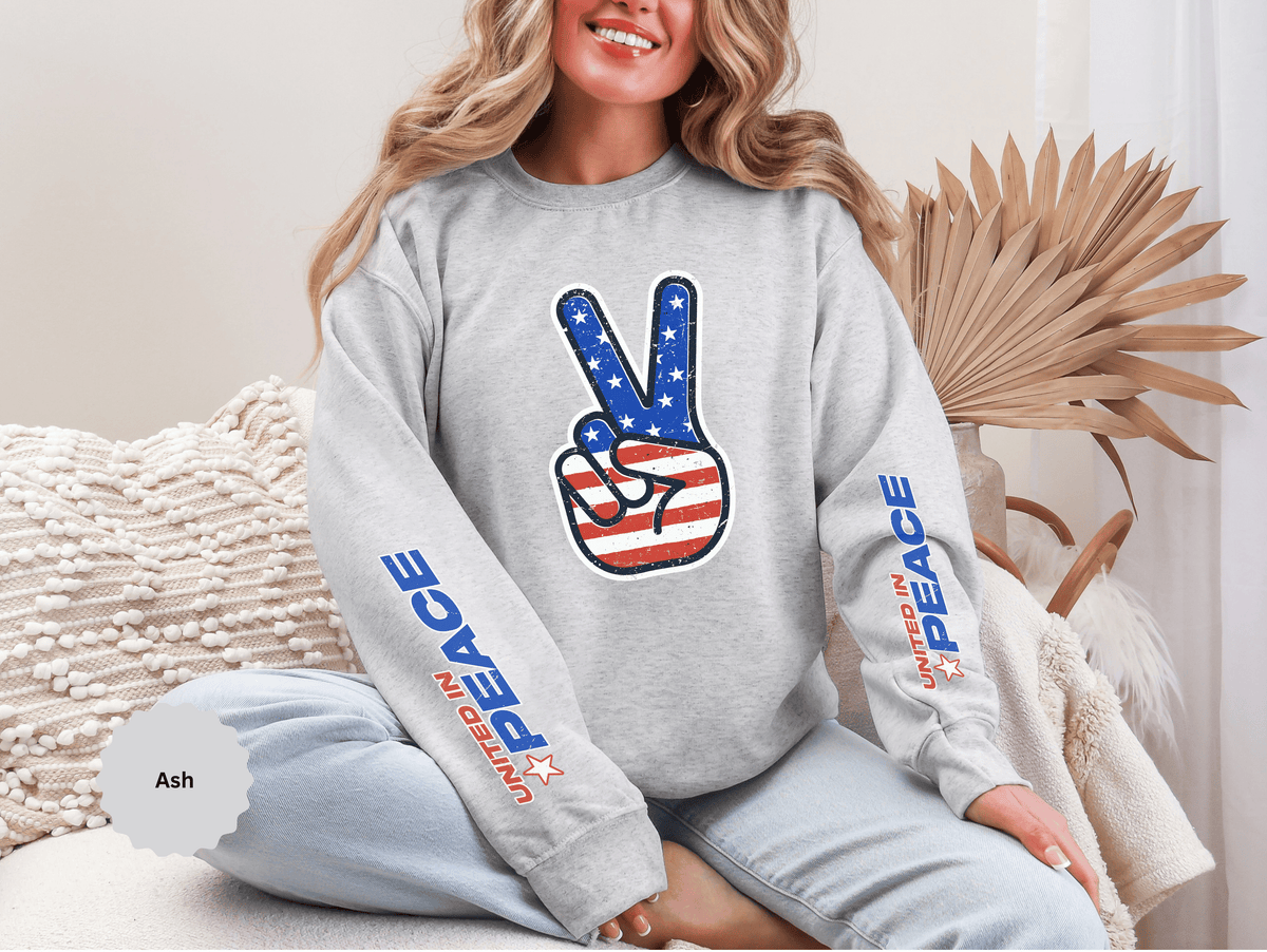 United in Peace Sweatshirt, Patriotic Peace Sign Crewneck, American Flag Pullover, USA 250th Anniversary Outfit, Fourth of July Gift