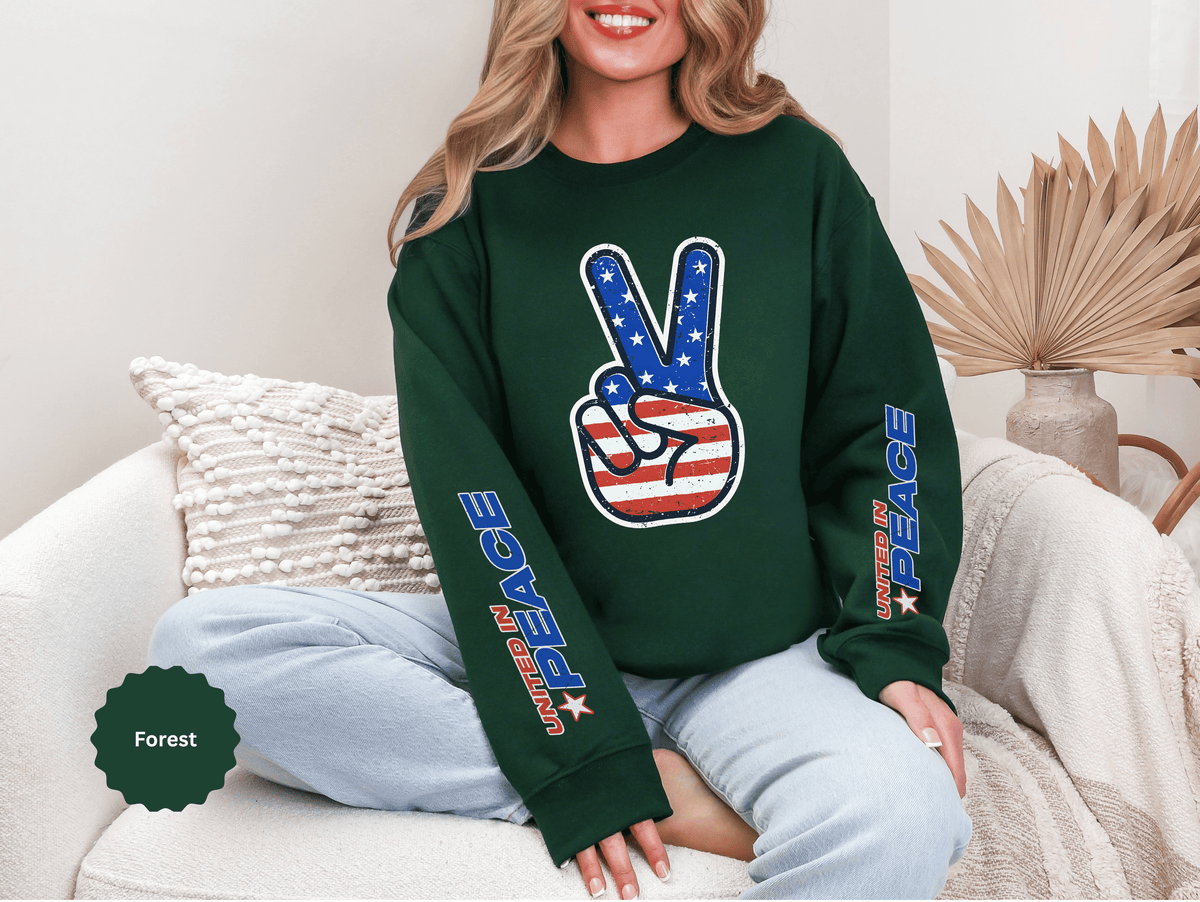 United in Peace Sweatshirt, Patriotic Peace Sign Crewneck, American Flag Pullover, USA 250th Anniversary Outfit, Fourth of July Gift