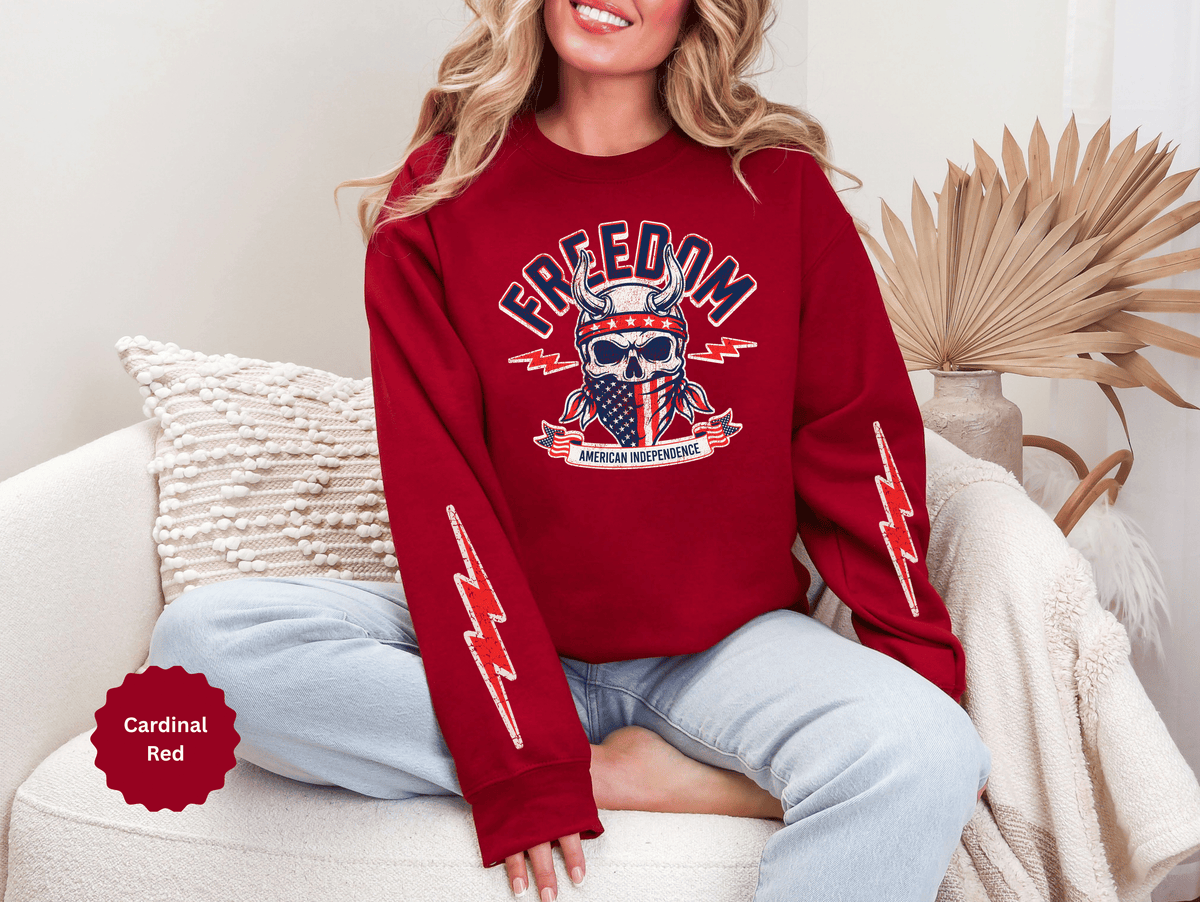 Freedom American Independence Sweatshirt, Patriotic Skull Crewneck, USA Flag Pullover, Fourth of July Outfit, Americana Gift for Him