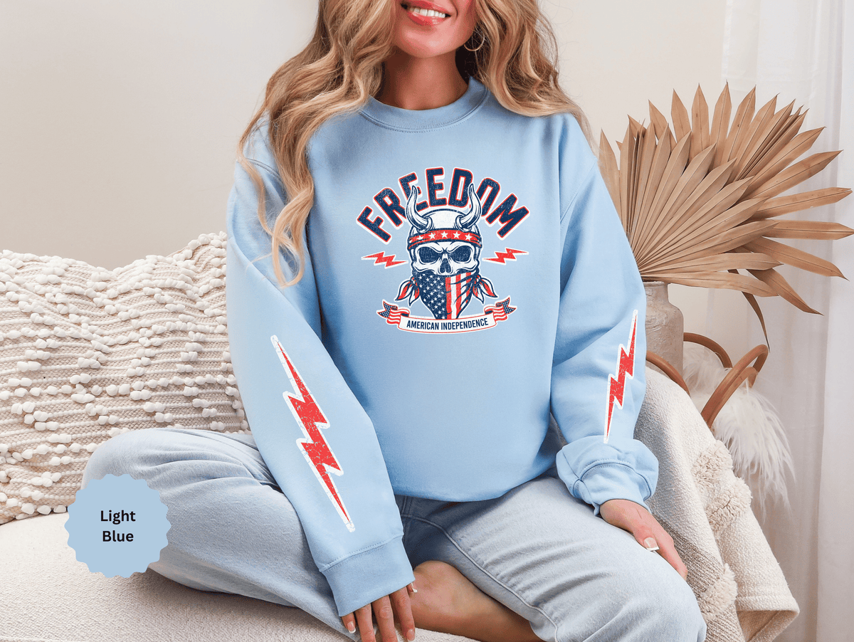 Freedom American Independence Sweatshirt, Patriotic Skull Crewneck, USA Flag Pullover, Fourth of July Outfit, Americana Gift for Him
