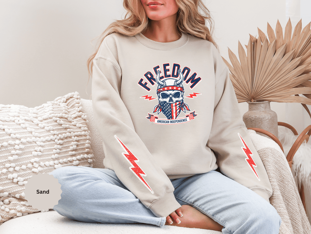 Freedom American Independence Sweatshirt, Patriotic Skull Crewneck, USA Flag Pullover, Fourth of July Outfit, Americana Gift for Him