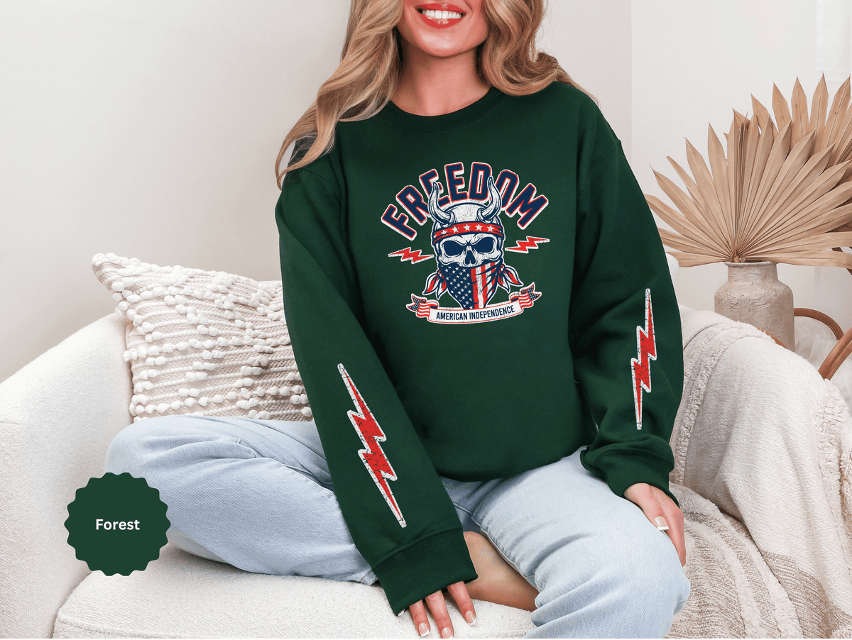 Freedom American Independence Sweatshirt, Patriotic Skull Crewneck, USA Flag Pullover, Fourth of July Outfit, Americana Gift for Him