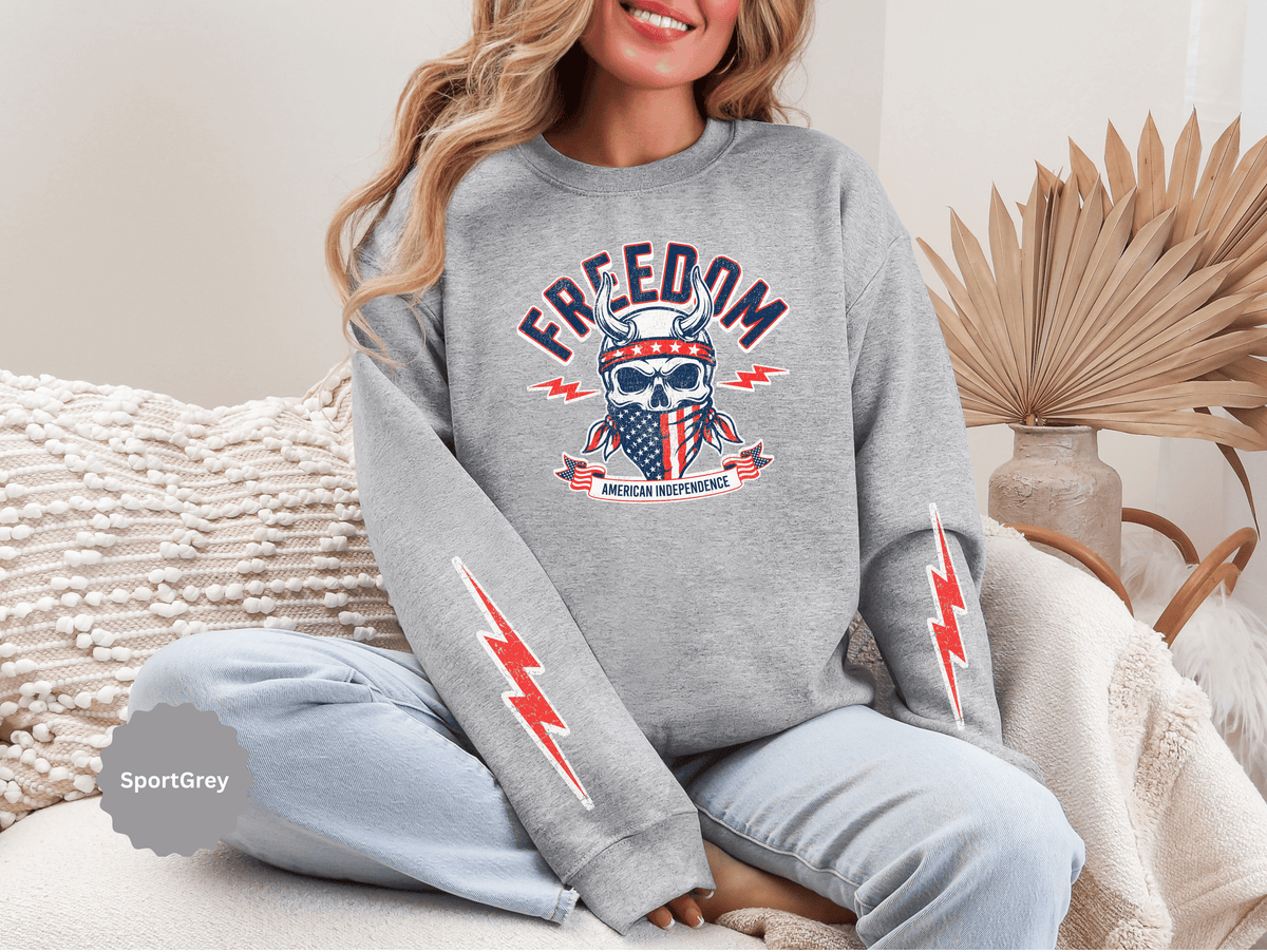 Freedom American Independence Sweatshirt, Patriotic Skull Crewneck, USA Flag Pullover, Fourth of July Outfit, Americana Gift for Him