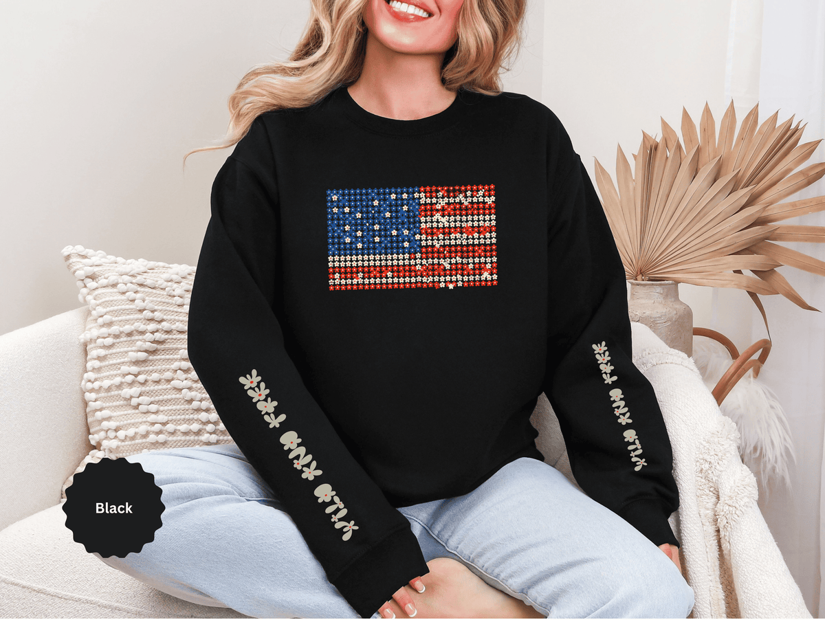 Patriotic American Flag Sweatshirt, USA Floral Crewneck, Vintage Americana Pullover, Fourth of July Outfit, Summer Patriotic Gift for Her