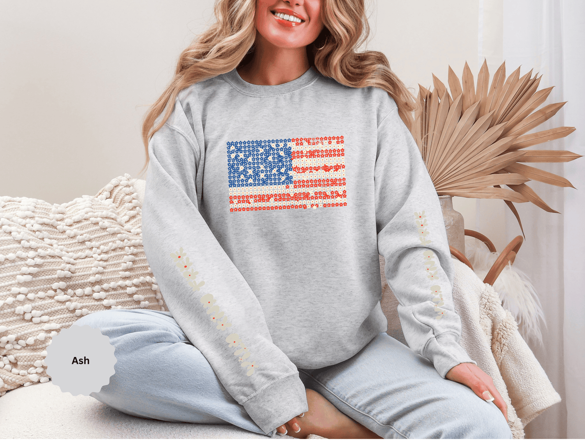 Patriotic American Flag Sweatshirt, USA Floral Crewneck, Vintage Americana Pullover, Fourth of July Outfit, Summer Patriotic Gift for Her
