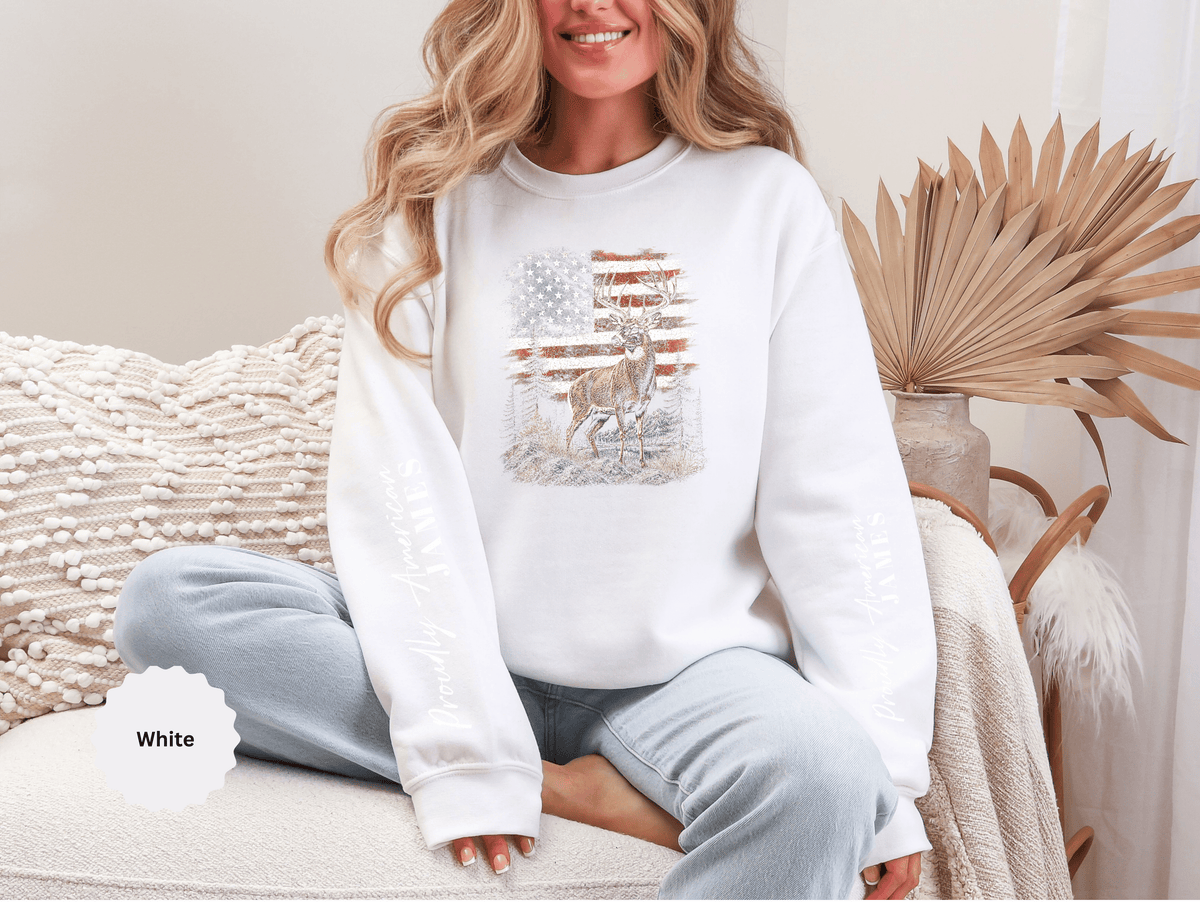 Personalized Hunting Sweatshirt, Custom Deer American Flag Pullover, Patriotic Outdoorsman Crewneck, Hunter Gift, Personalized Family Shirt