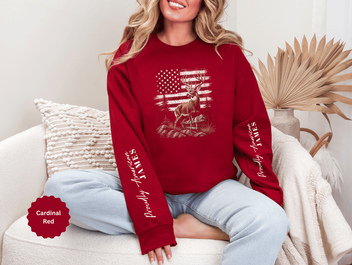 Personalized Hunting Sweatshirt, Custom Deer American Flag Pullover, Patriotic Outdoorsman Crewneck, Hunter Gift, Personalized Family Shirt