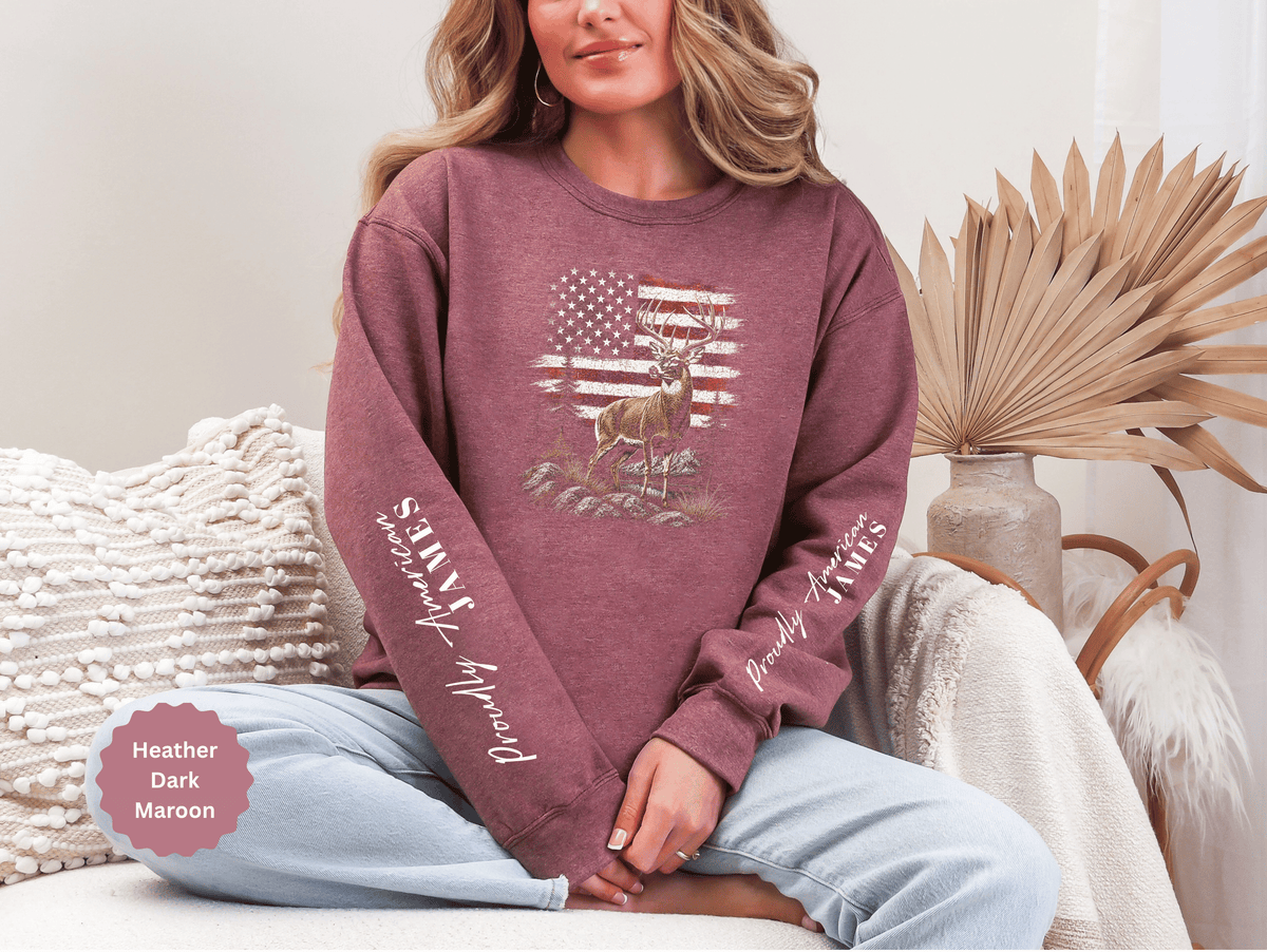 Personalized Hunting Sweatshirt, Custom Deer American Flag Pullover, Patriotic Outdoorsman Crewneck, Hunter Gift, Personalized Family Shirt