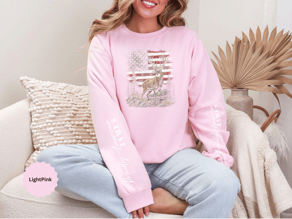 Personalized Hunting Sweatshirt, Custom Deer American Flag Pullover, Patriotic Outdoorsman Crewneck, Hunter Gift, Personalized Family Shirt