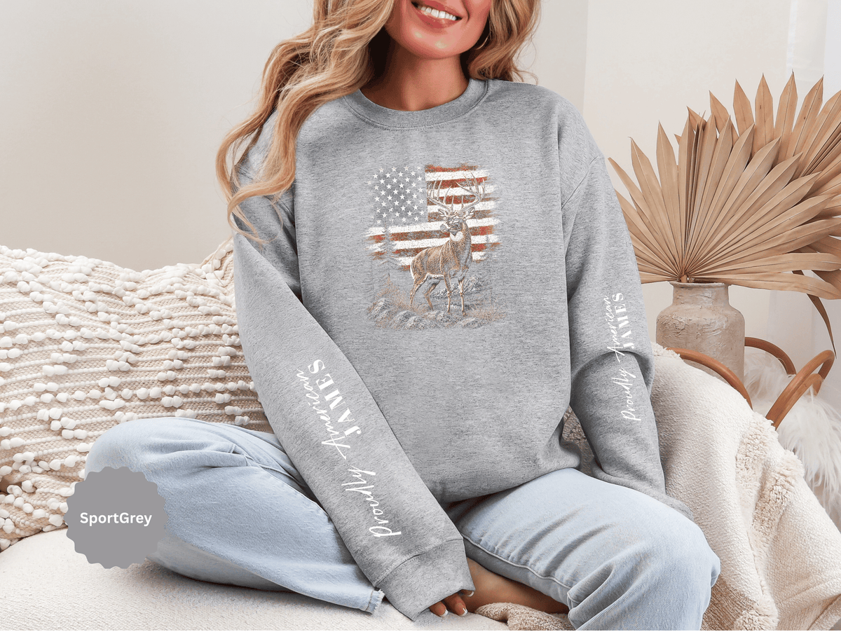 Personalized Hunting Sweatshirt, Custom Deer American Flag Pullover, Patriotic Outdoorsman Crewneck, Hunter Gift, Personalized Family Shirt